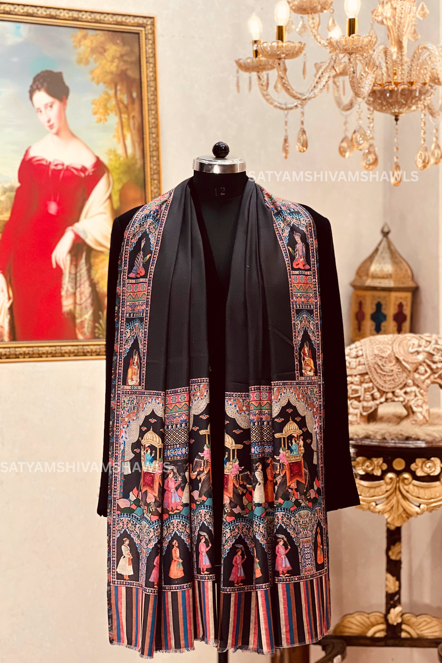 ISHQ-E-DHOLI PALLA REVERSIBLE  PURE WOOL KALAMKARI PRINT STOLE ,BLACK