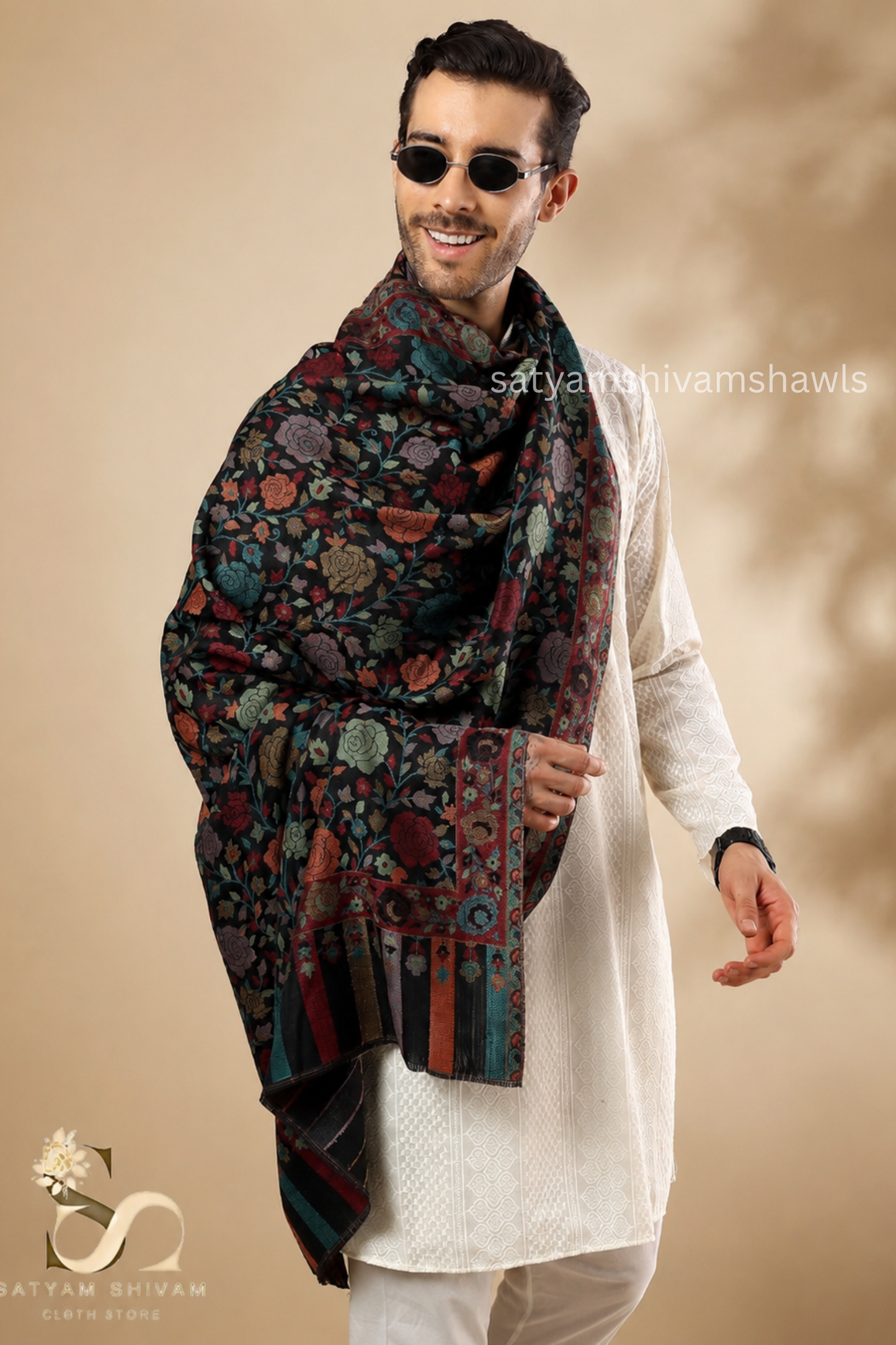 ARABIC ROSE KANI WOVEN LUXURY PASHMINA MENS STOLE,BLACK