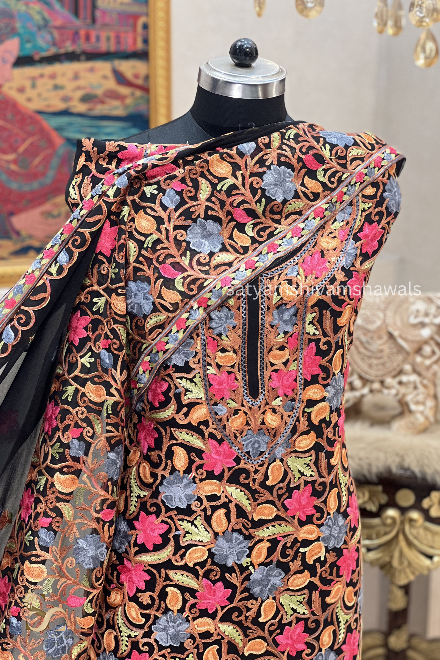KASHMIRI NALKI  MULTI  EMROIDERY GEORGETTE SUIT BLACK  COLOUR