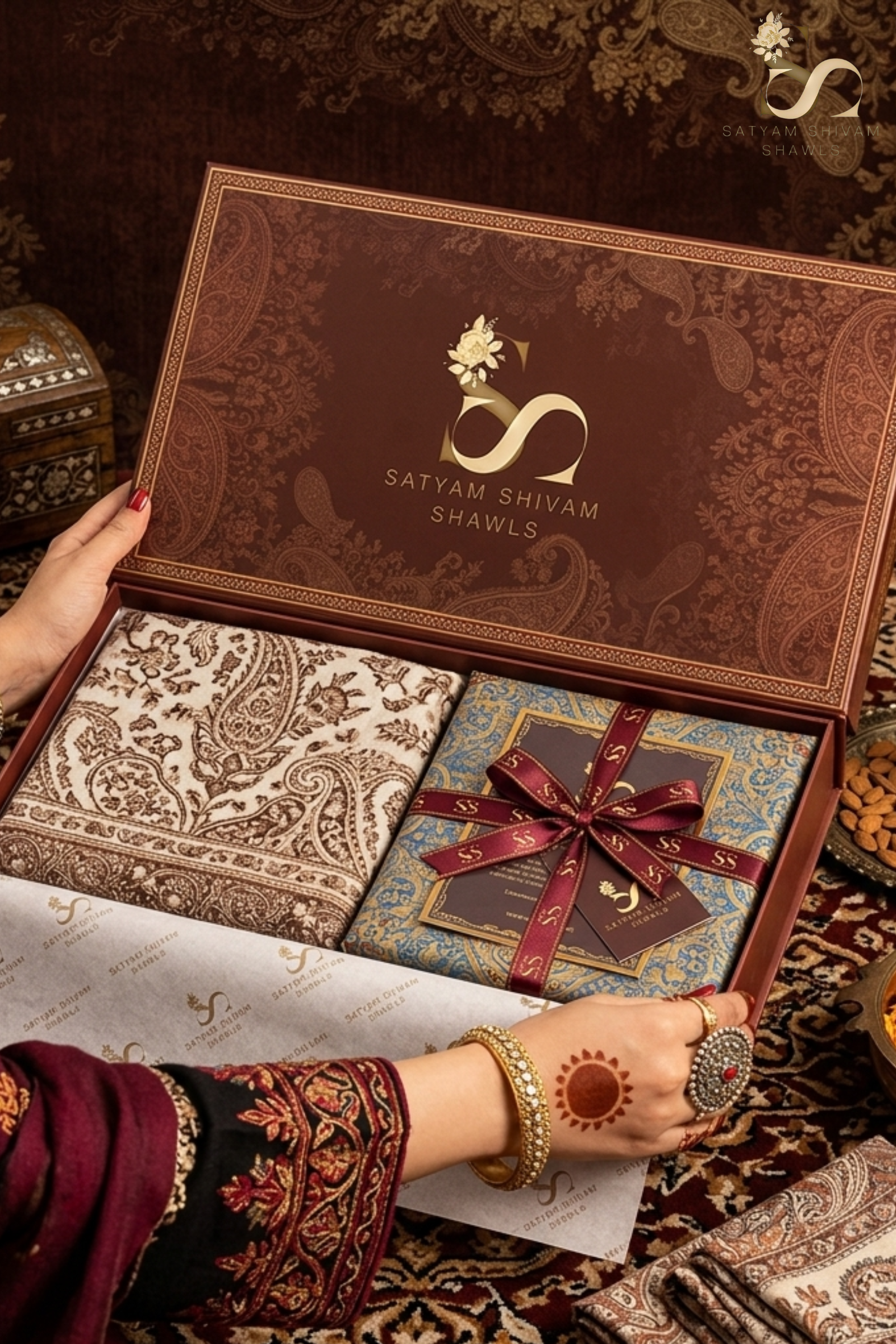 His & Her gift box (men check stole & womens kani shawl )with premium box packaging