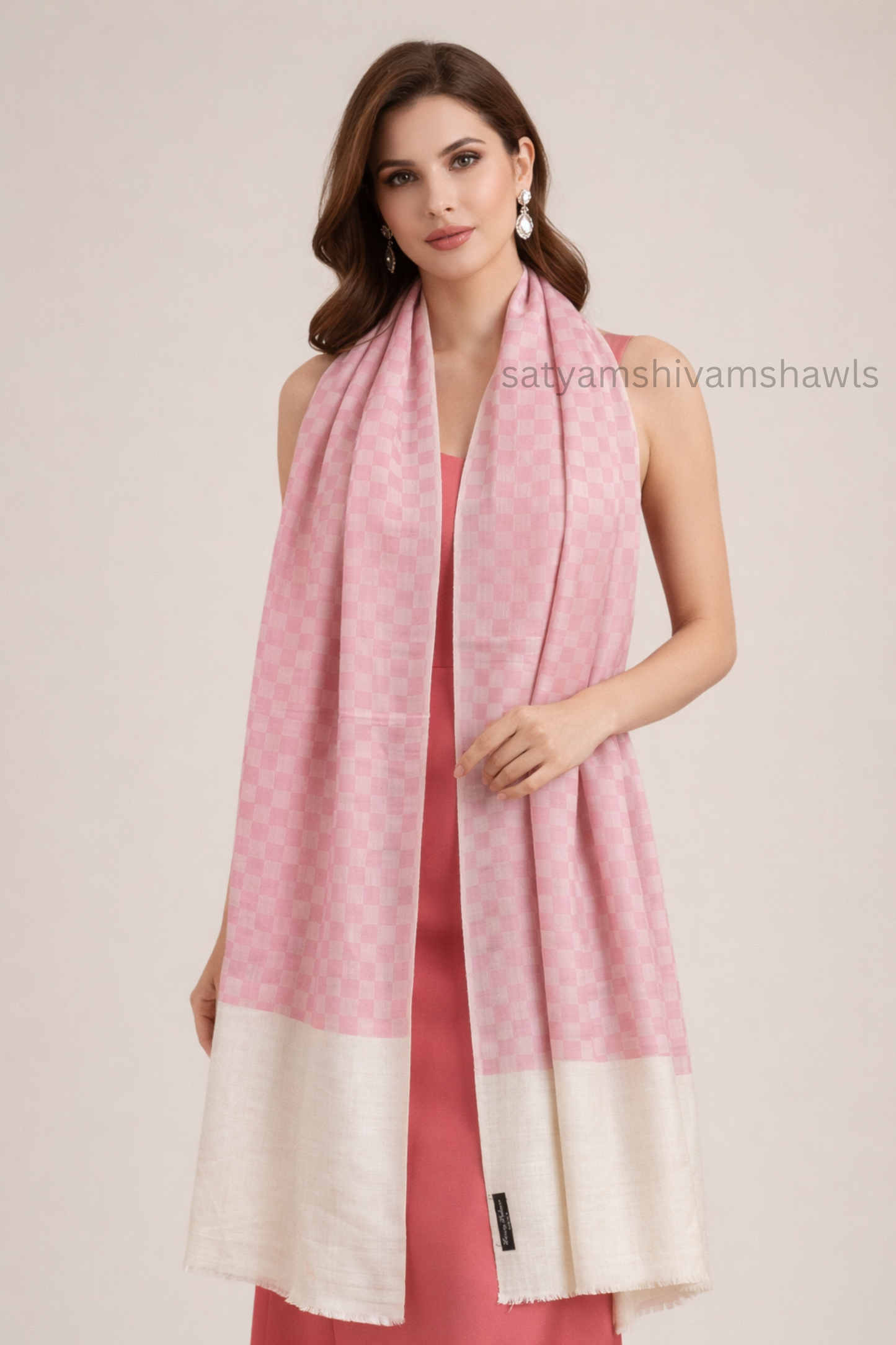 EXTRA FINE WOOL MIST CHECK WOMES STOLES,PINK