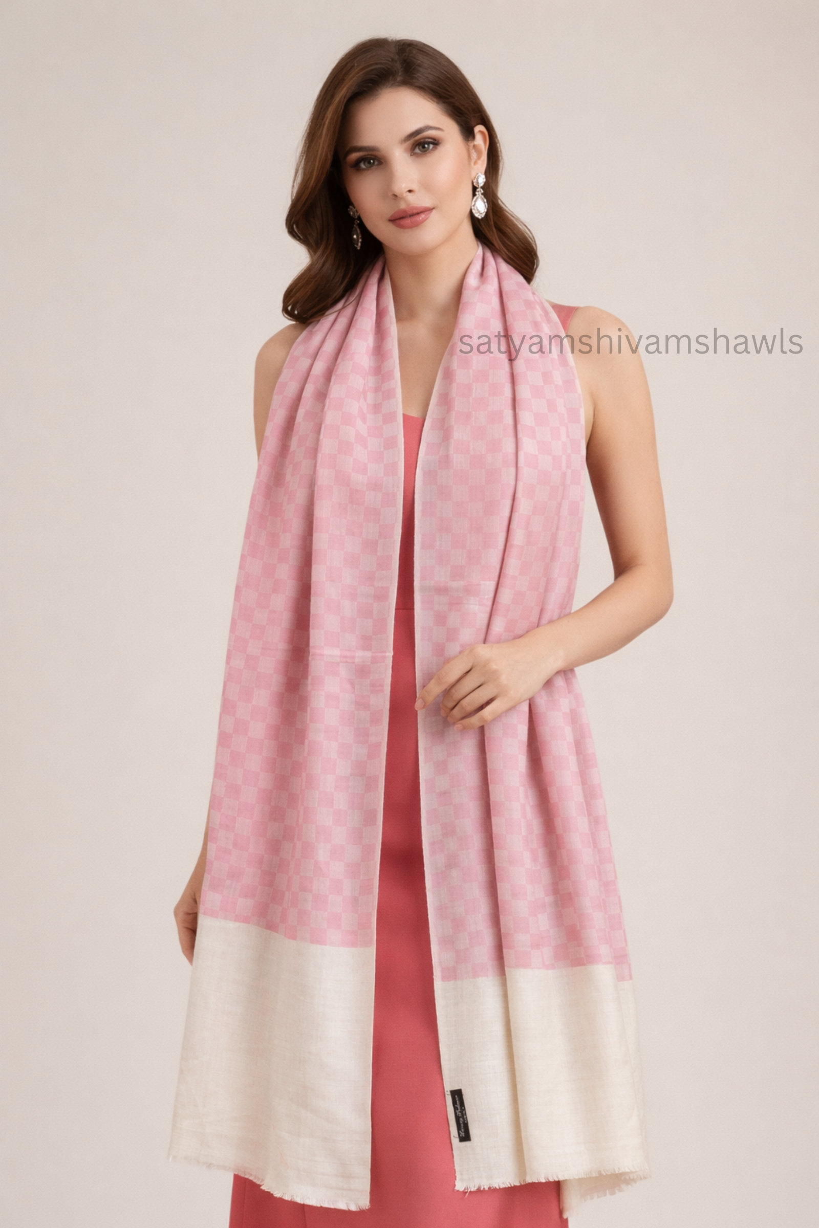 EXTRA FINE WOOL MIST CHECK WOMES STOLES,PINK