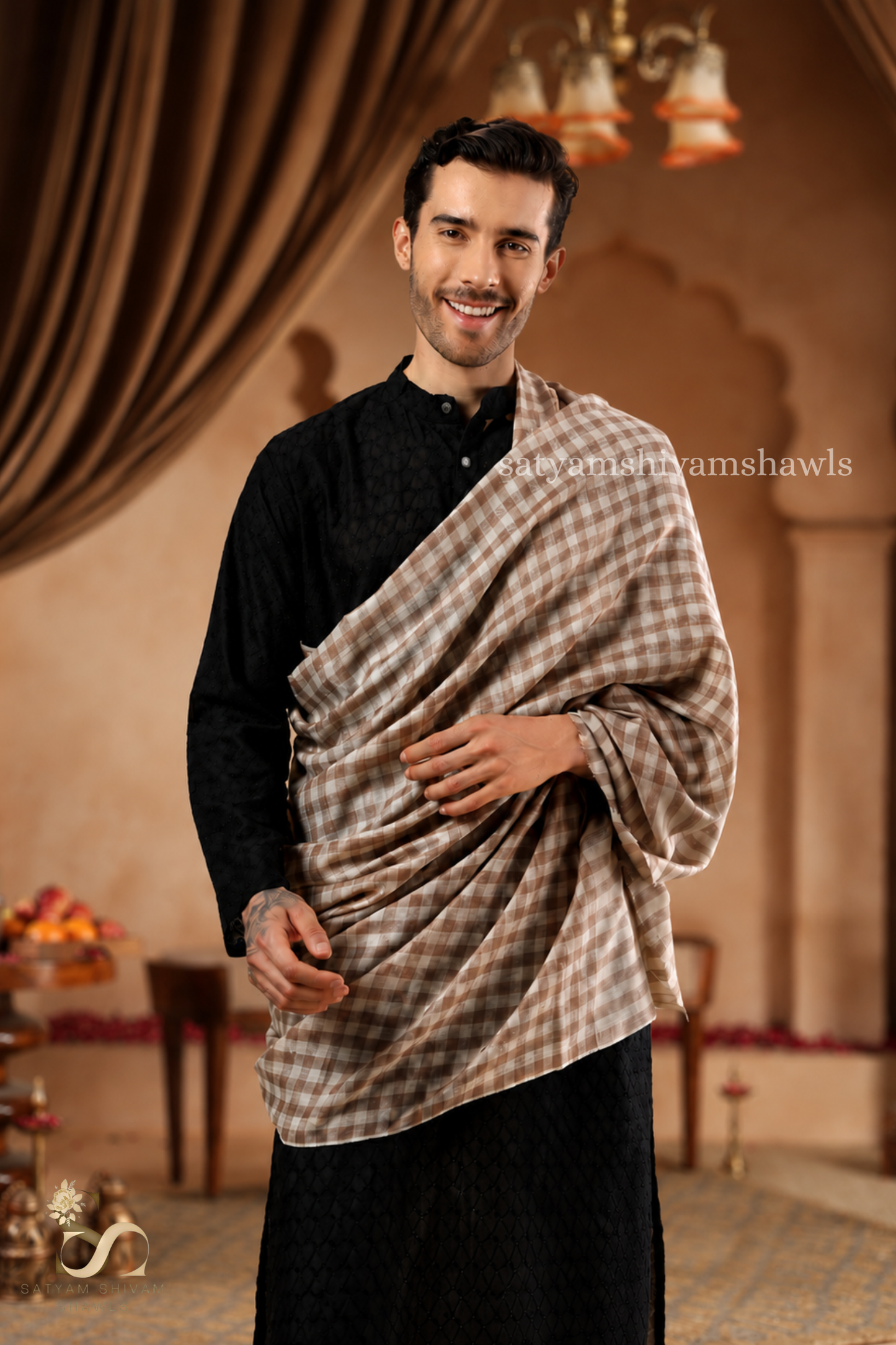 ROYAL LUXURY PASHMINA GENTS LOHI MIST CHECK DESIGN ,CAMEL SKIN,FULL SIZE