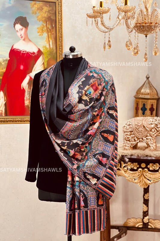 ISHQ-E-DHOLI PALLA REVERSIBLE  PURE WOOL KALAMKARI PRINT SHAWL ,BLACK