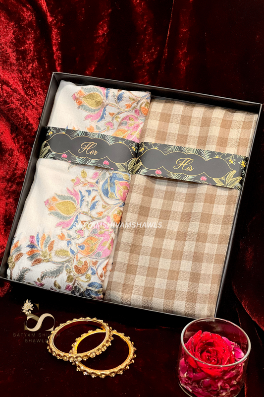 HIS AND HER GIFT BOX SET OF MENS WITH FINE PASHMINA CHECK SHAWL & WOMEN FINE WOOL EMBROIDERY STOLE