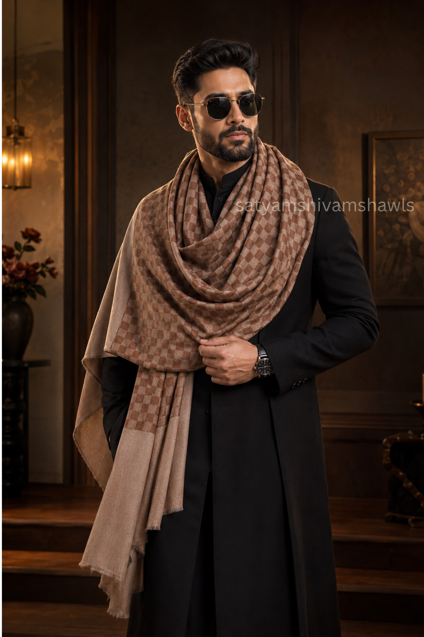 Fine wool check mens stole,light weight & soft