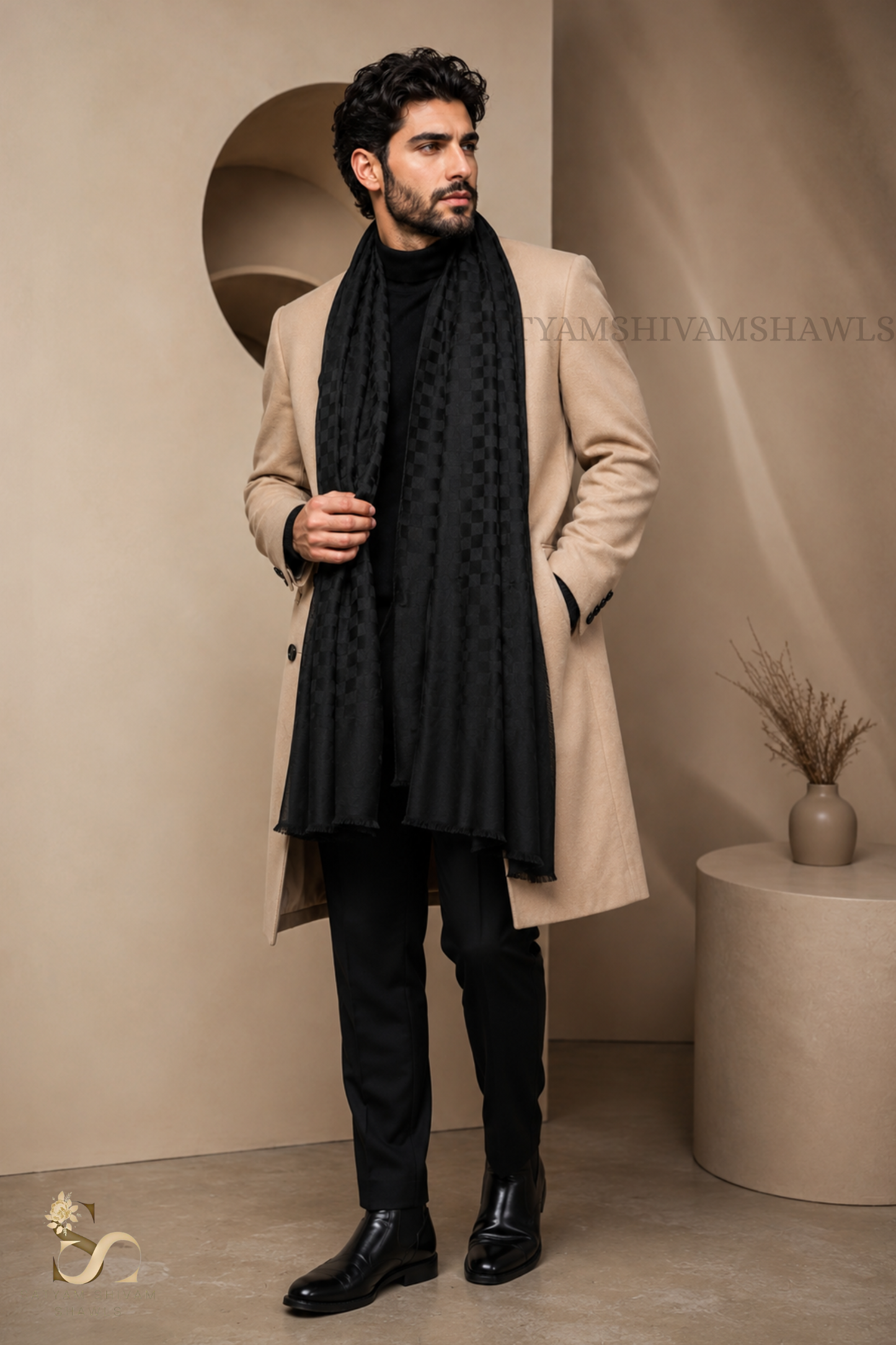EXTRA FINE WOOL MIST CHECK MENS STOLE, SOFT & LIGHT WEIGHT