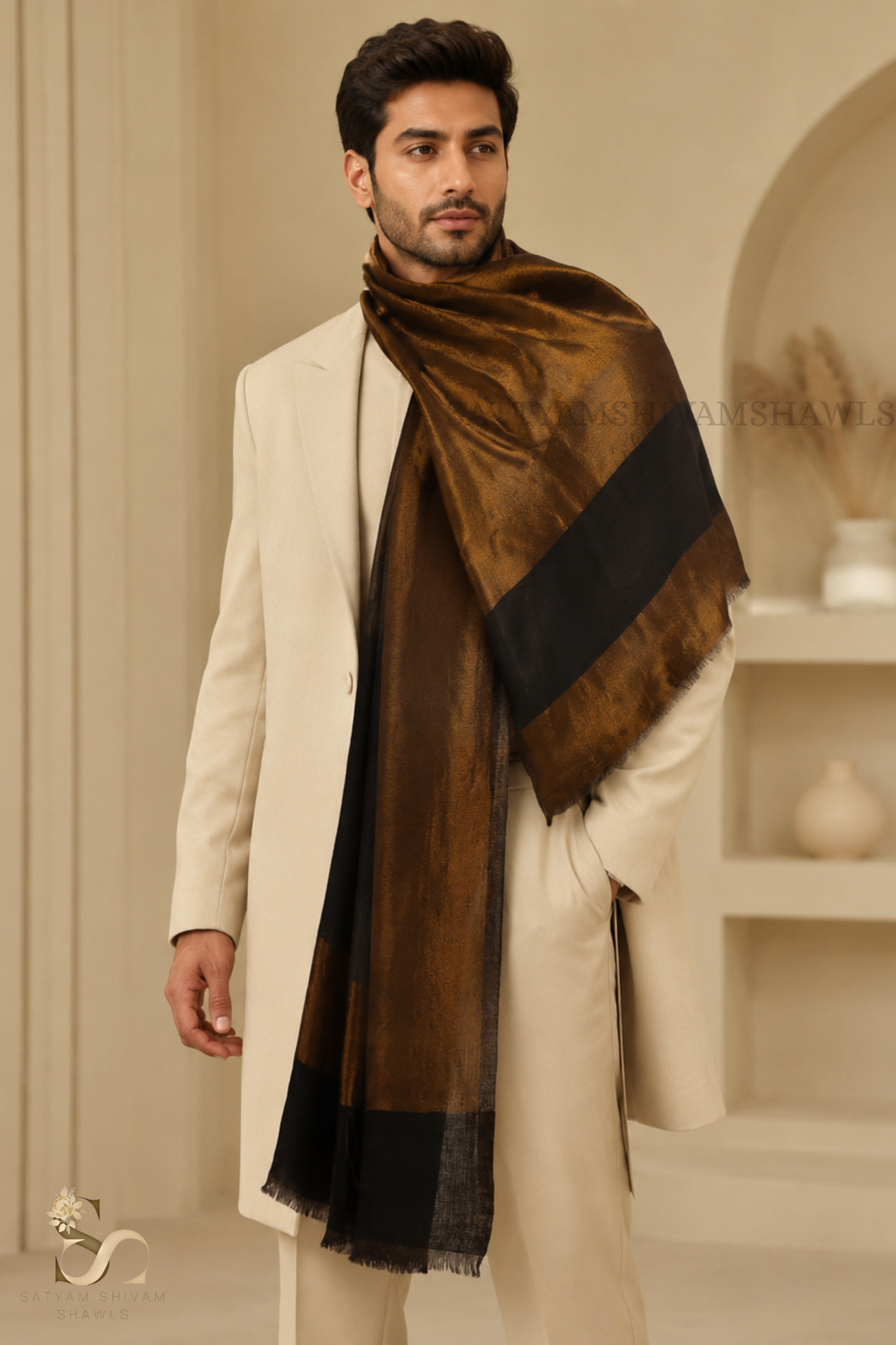 men reversible moonlight zari border fine wool Stole