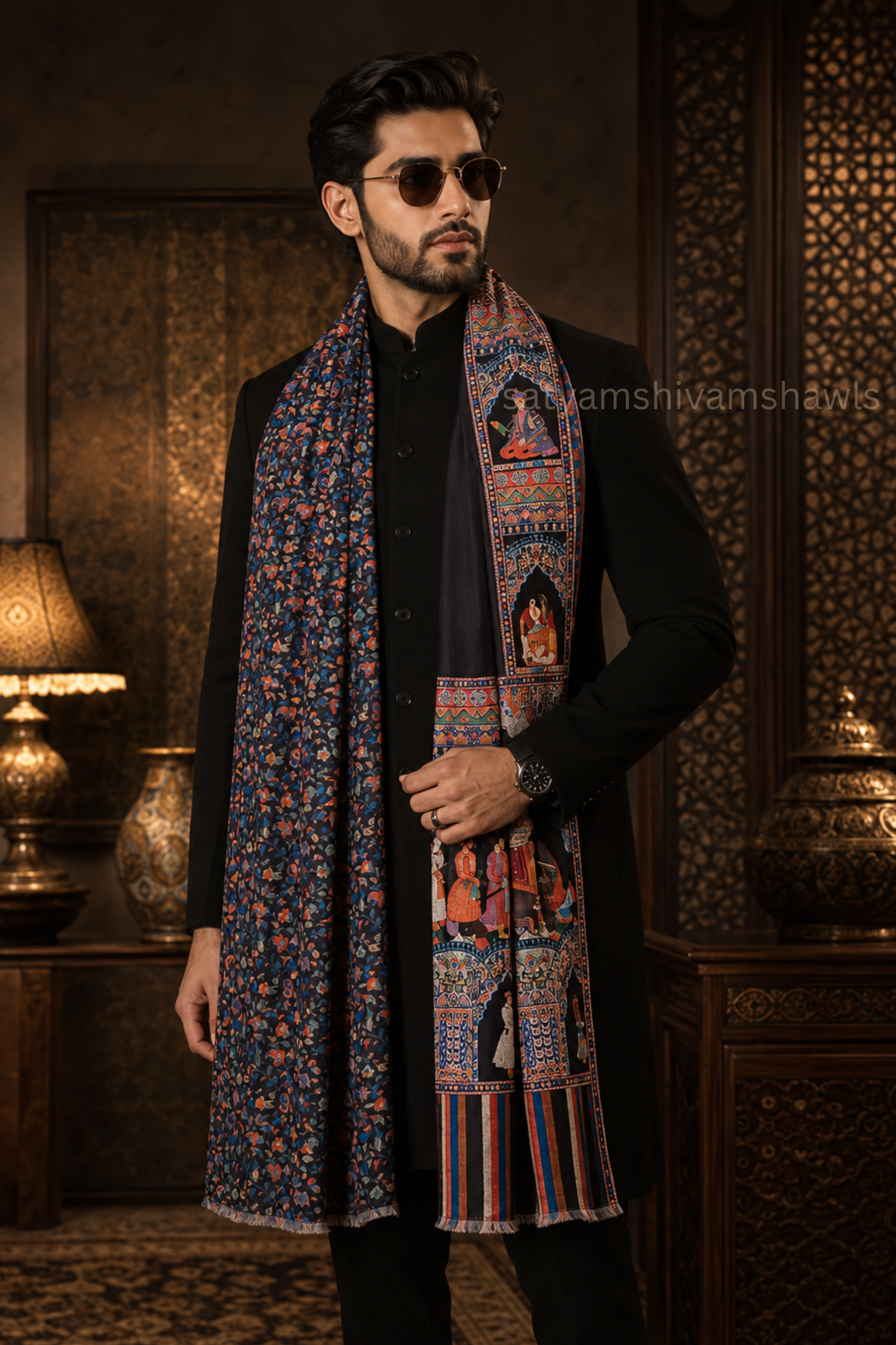 ISHQ-E-DHOLI PALLA REVERSIBLE  PURE WOOL KALAMKARI PRINT STOLE ,BLACK
