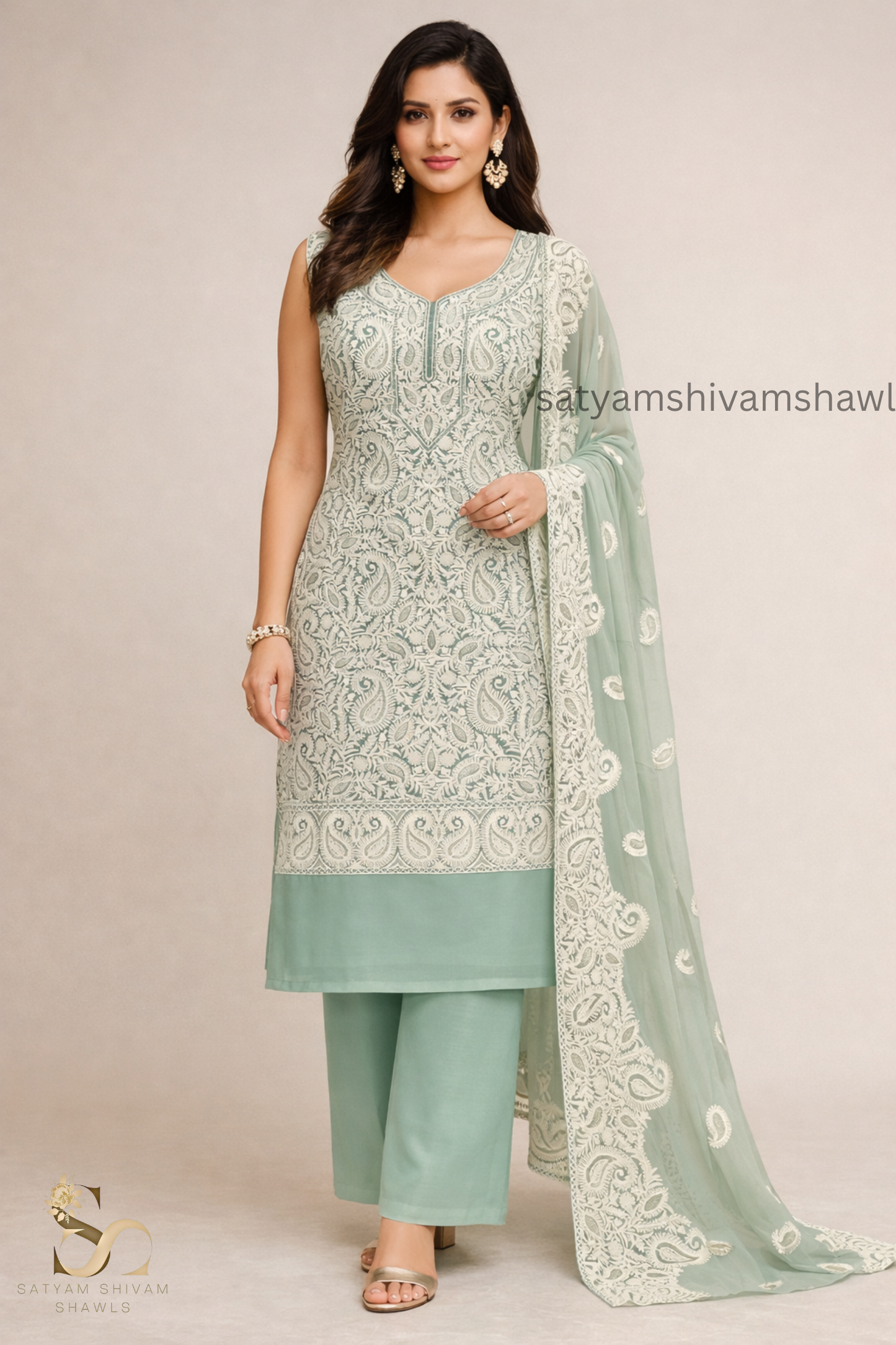 KASHMIRI NALKI TILLA EMROIDERY GEORGETTE SUIT GREEN  COLOUR