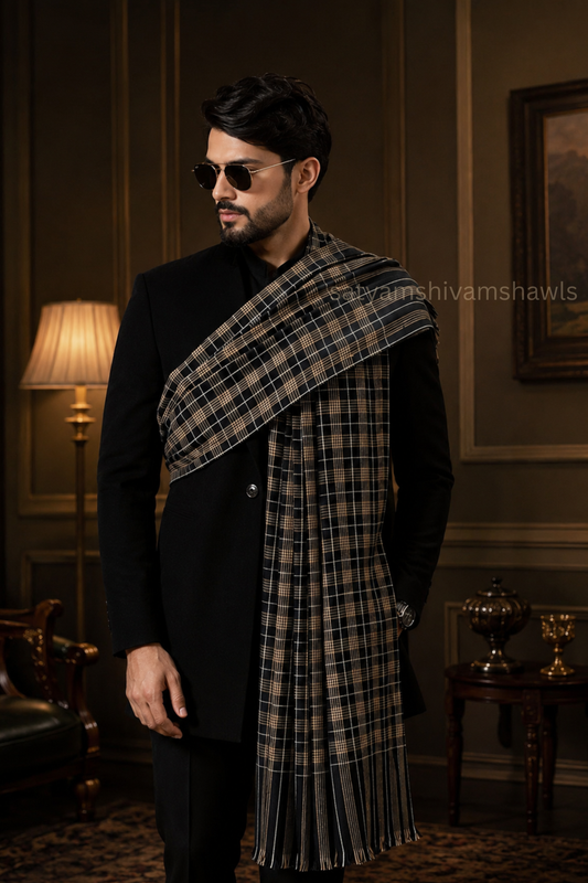 Mens Woven Check Shawl-pure wool , full size,black