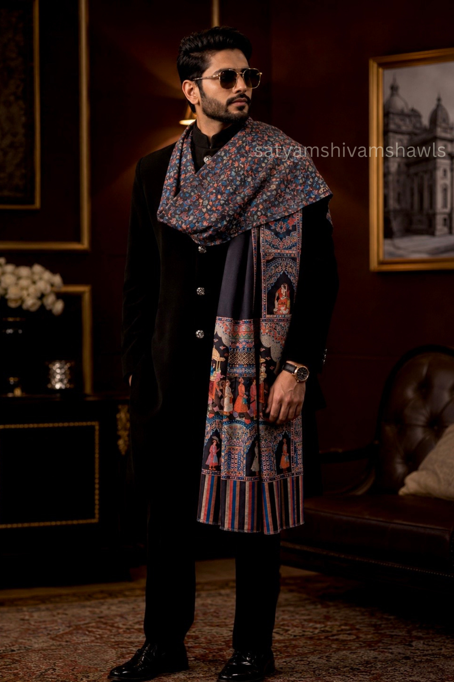 ISHQ-E-DHOLI PALLA REVERSIBLE  PURE WOOL KALAMKARI PRINT STOLE ,BLACK