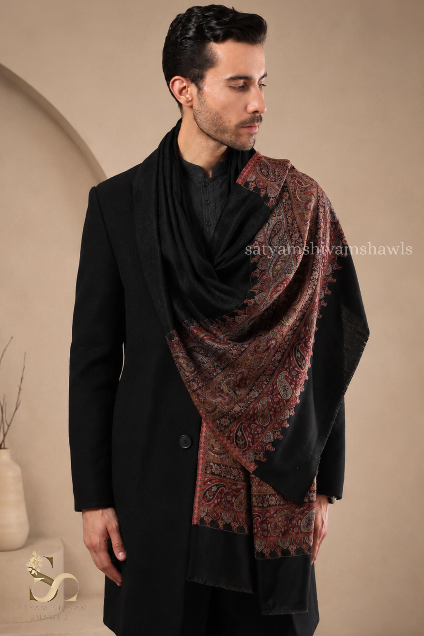 EXTRA FINE WOOL KASHMIRI PAISLEY PALLA  MENS STOLE, BLACK