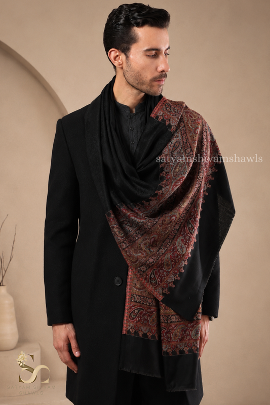 EXTRA FINE WOOL KASHMIRI PAISLEY PALLA  MENS STOLE, BLACK