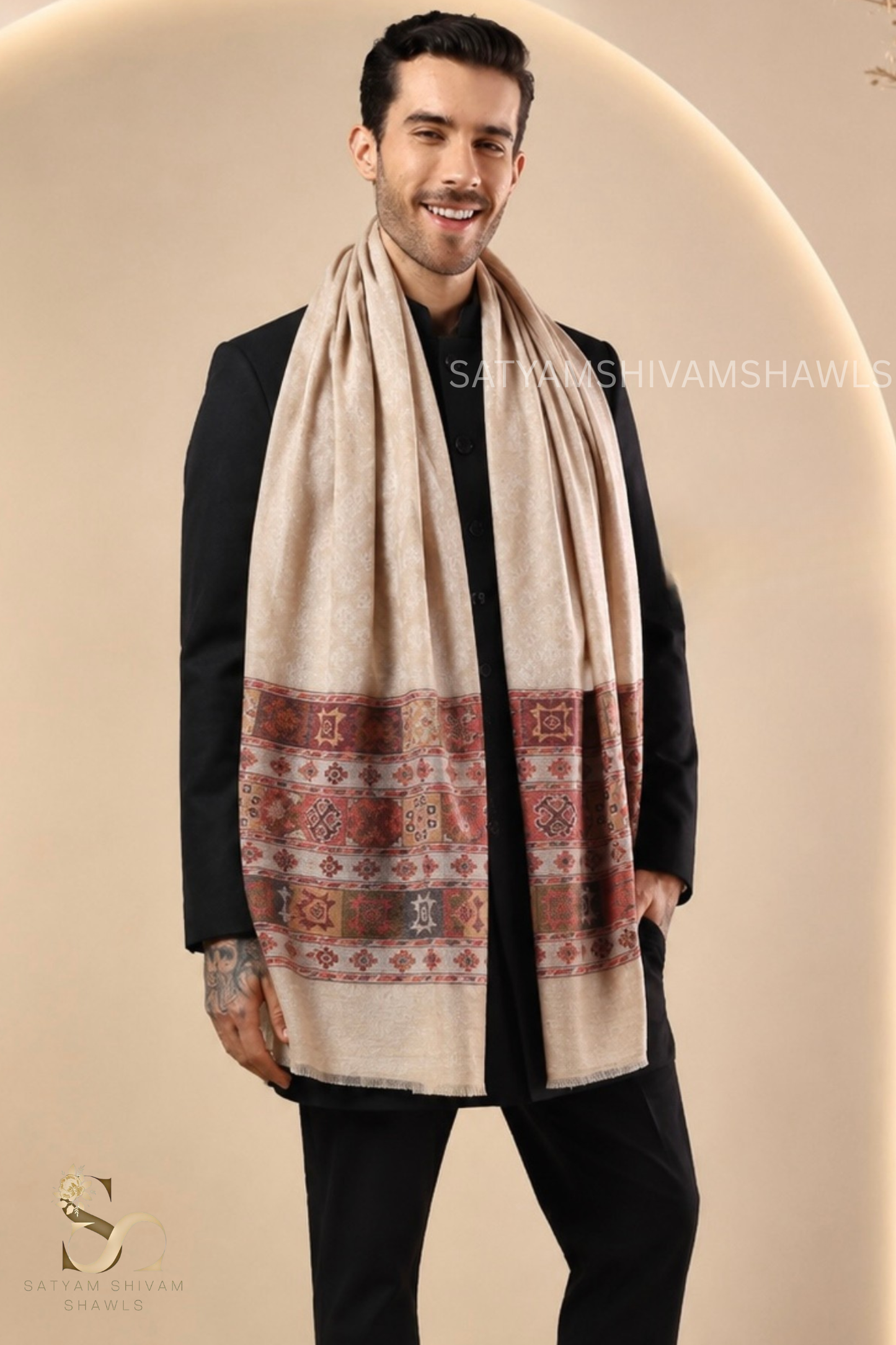 LUXURY PASHMINA KULLU DESIGN WOVEN PALLA  MENS STOLE ,SKIN