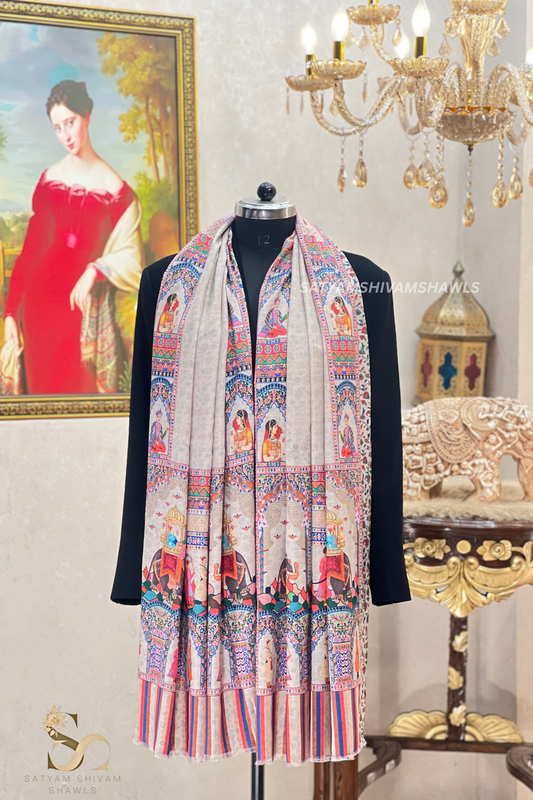ISHQ-E-DHOLI PALLA REVERSIBLE  PURE WOOL KALAMKARI PRINT STOLE ,Beige