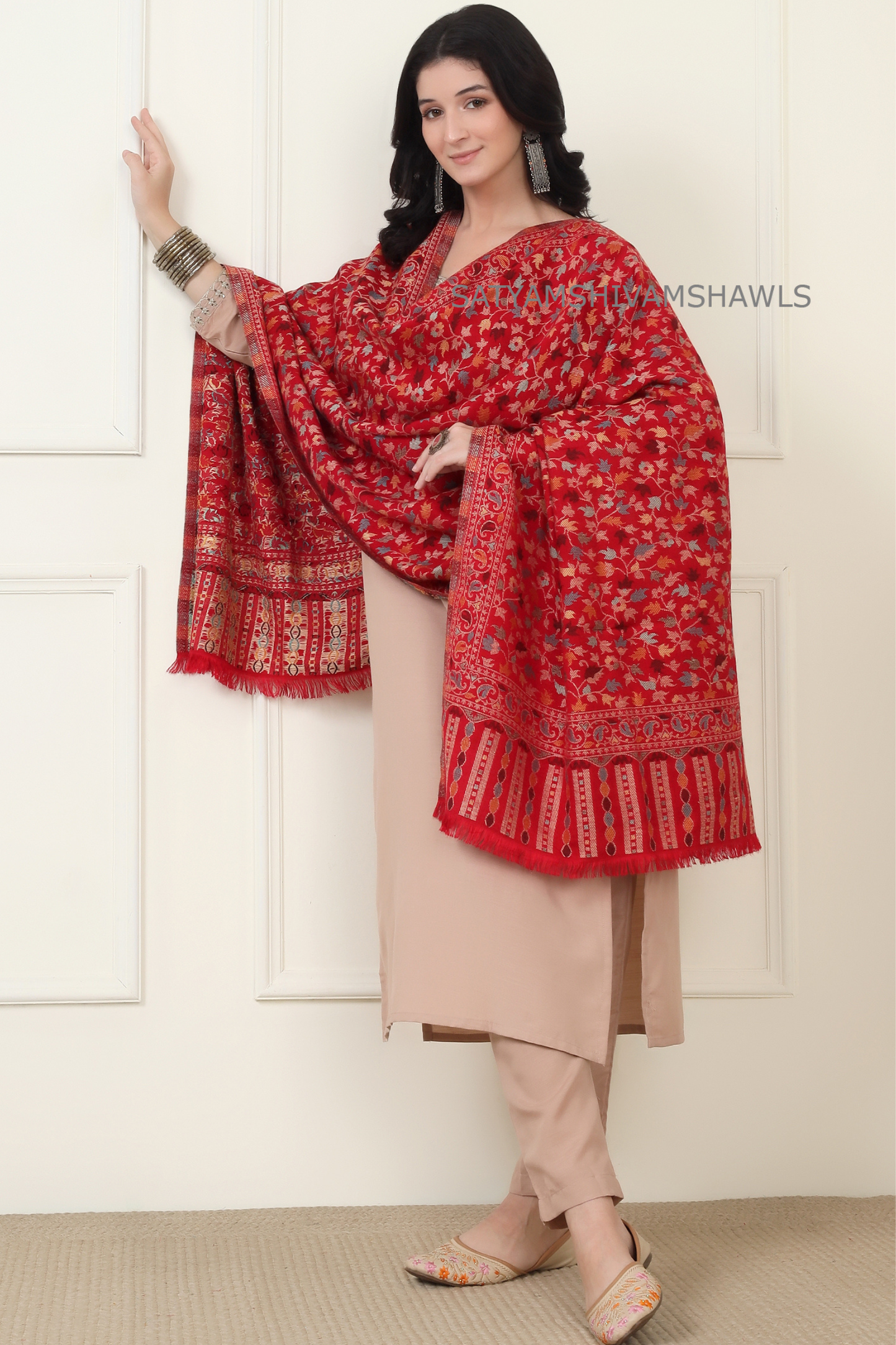noor-e-kani multi pure wool stole,red