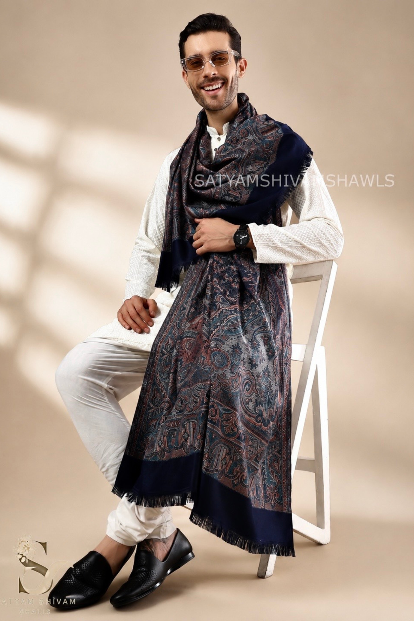 VINTAGE ROYAL JAMAWAR PAISLEY KANI DESIGN MENS SHAWL,NAVYBLUE