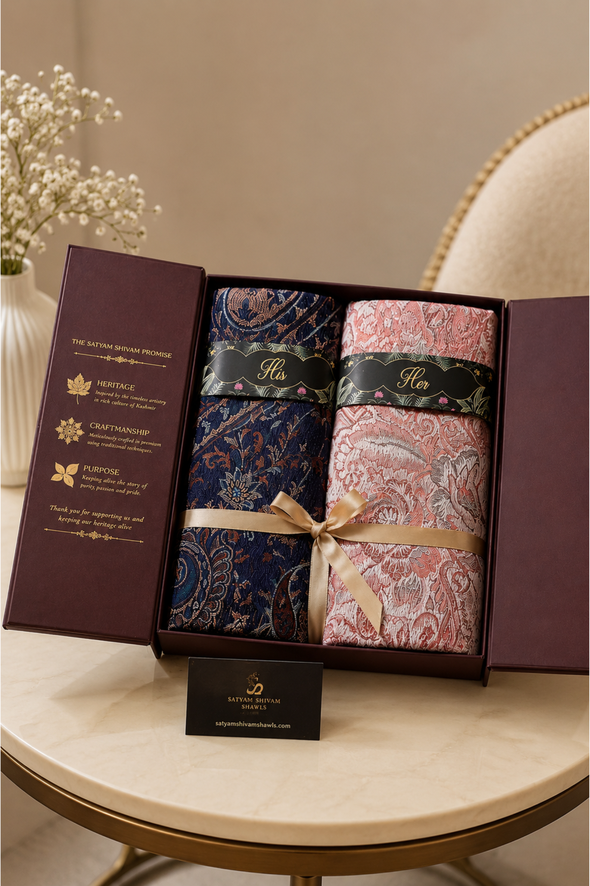 His And Her Set Of 100% pure wool shawls With Premium Gift Box Packaging , navy blue & light