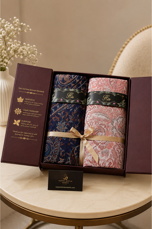 His And Her Set Of 100% pure wool shawls With Premium Gift Box Packaging , navy blue & light