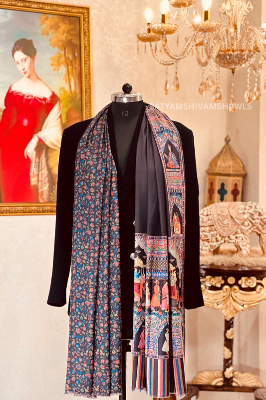 ISHQ-E-DHOLI PALLA REVERSIBLE  PURE WOOL KALAMKARI PRINT STOLE ,BLACK