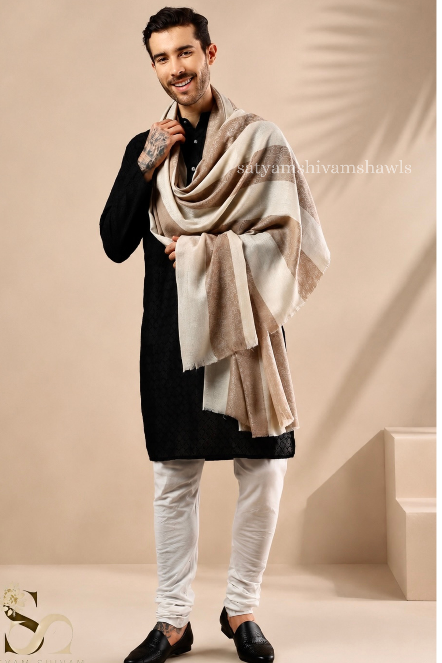 ROYAL LUXURY PASHMINA RING PASS GENTS LOHI KASHMIRI AUTHENTIC SELF STRIPS DESIGN , SKIN CAMEL COLOUR