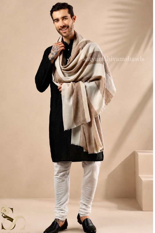 ROYAL LUXURY PASHMINA RING PASS GENTS LOHI KASHMIRI AUTHENTIC SELF STRIPS DESIGN , SKIN CAMEL COLOUR