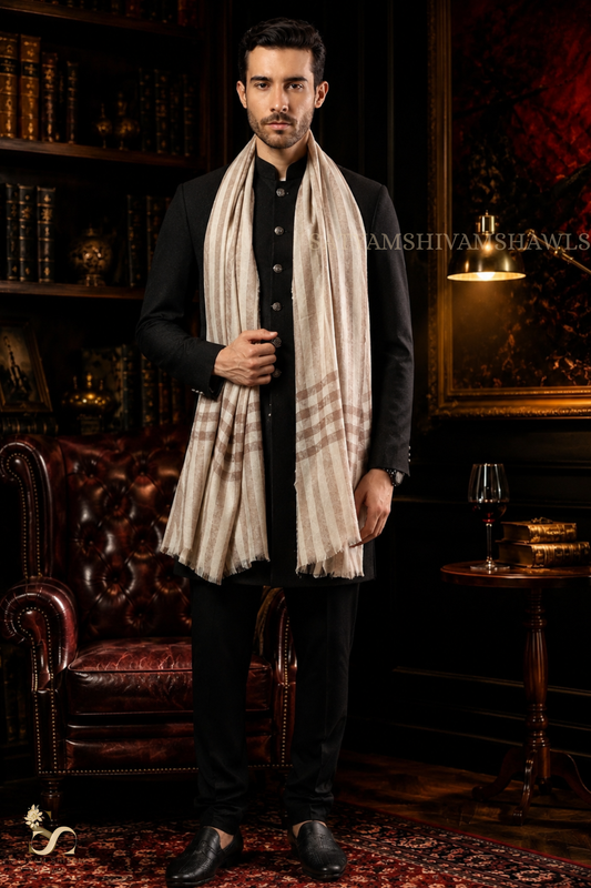 LUXURY PASHMINA SELF STRIPES WITH CHECK PALLA MENS STOLE, COLOR SKINISHCAMEL