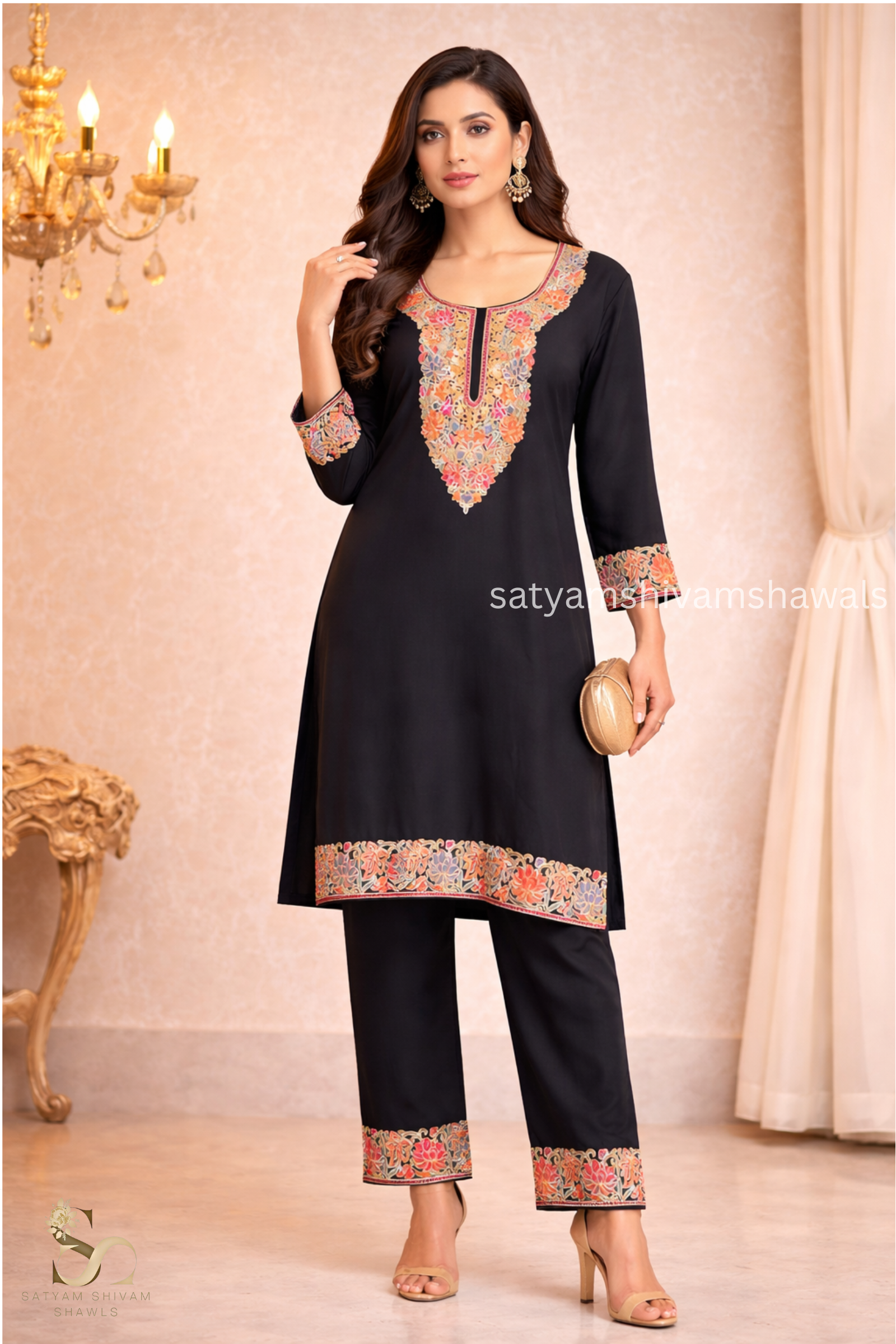KASHMIRI NALKI  MULTI  EMROIDERY COAT SET BLACK  COLOUR