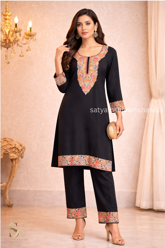 KASHMIRI NALKI  MULTI  EMROIDERY COAT SET BLACK  COLOUR
