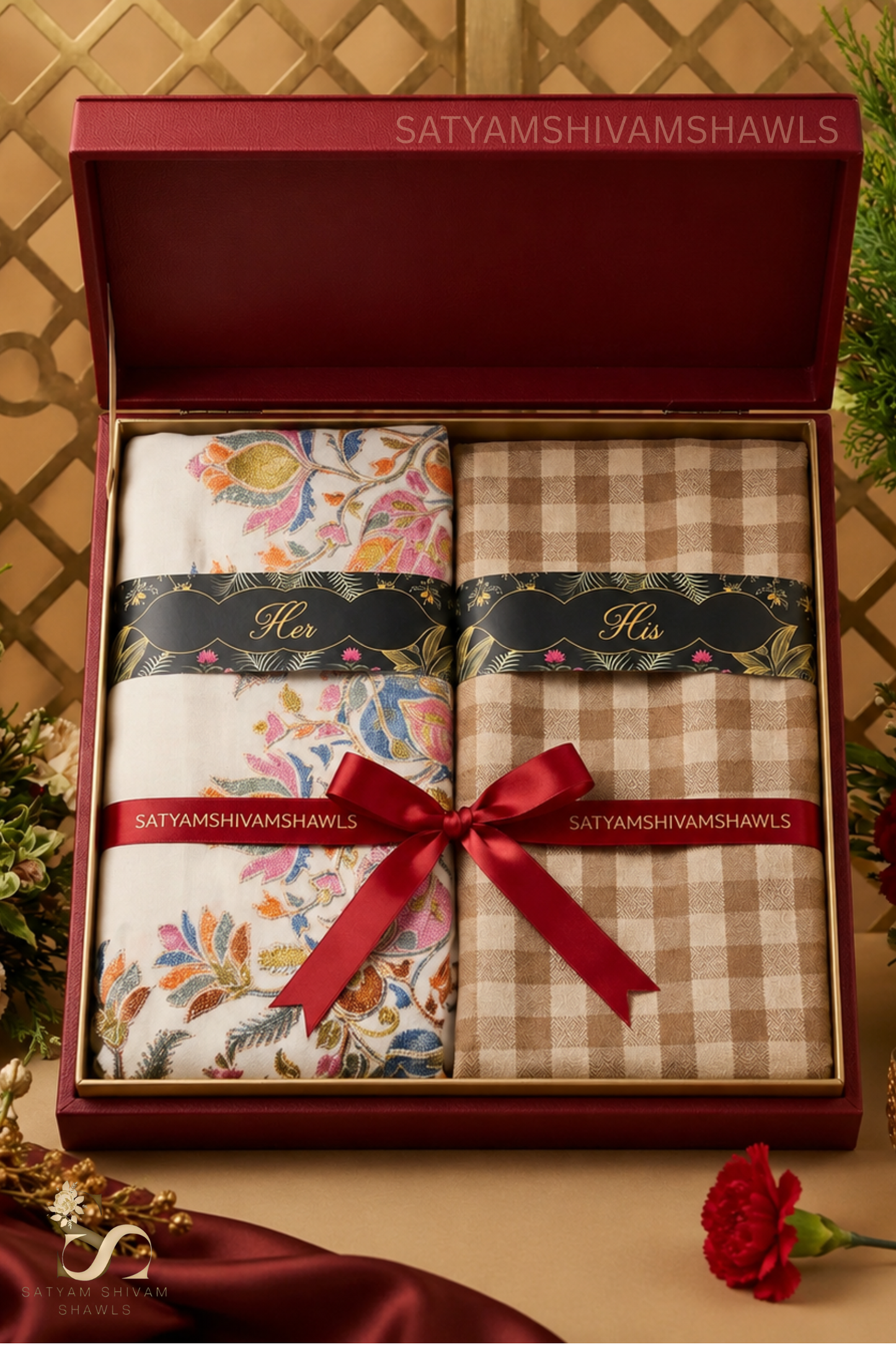 HIS AND HER GIFT BOX SET OF MENS WITH FINE PASHMINA CHECK SHAWL & WOMEN FINE WOOL EMBROIDERY STOLE