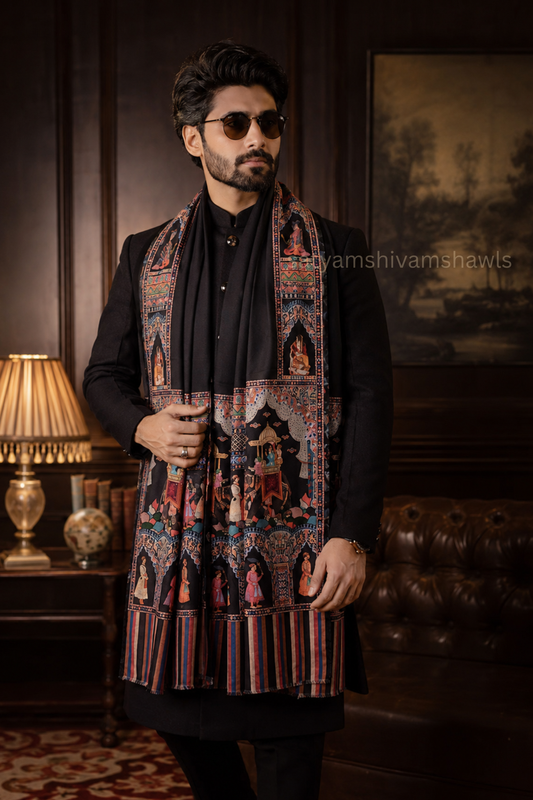 ISHQ-E-DHOLI PALLA REVERSIBLE  PURE WOOL KALAMKARI PRINT STOLE ,BLACK