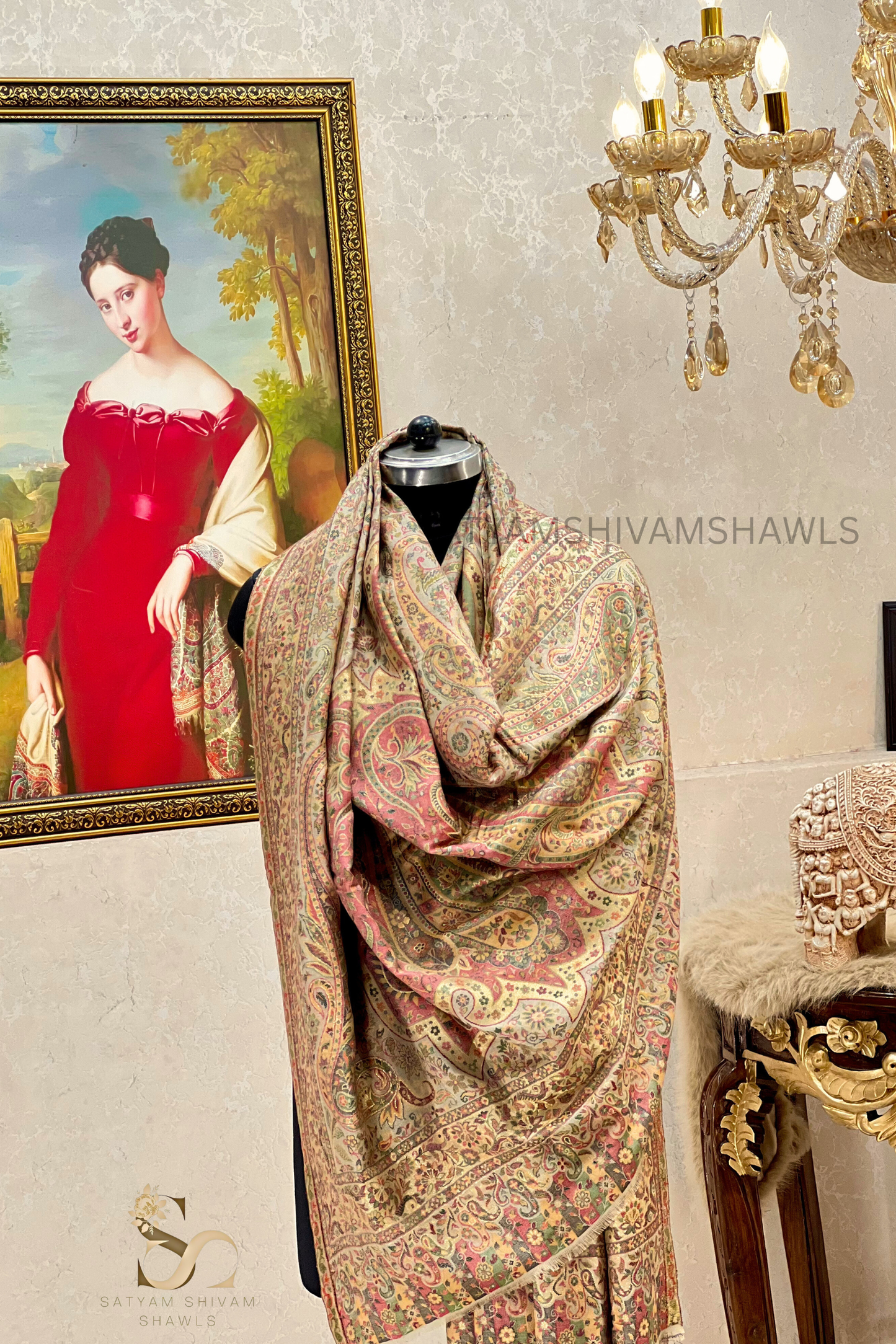 TURKEY ARABIC ZARI  KANI WOVEN SHAWL,WARM AND SOFT,VINTAGE BEIGE