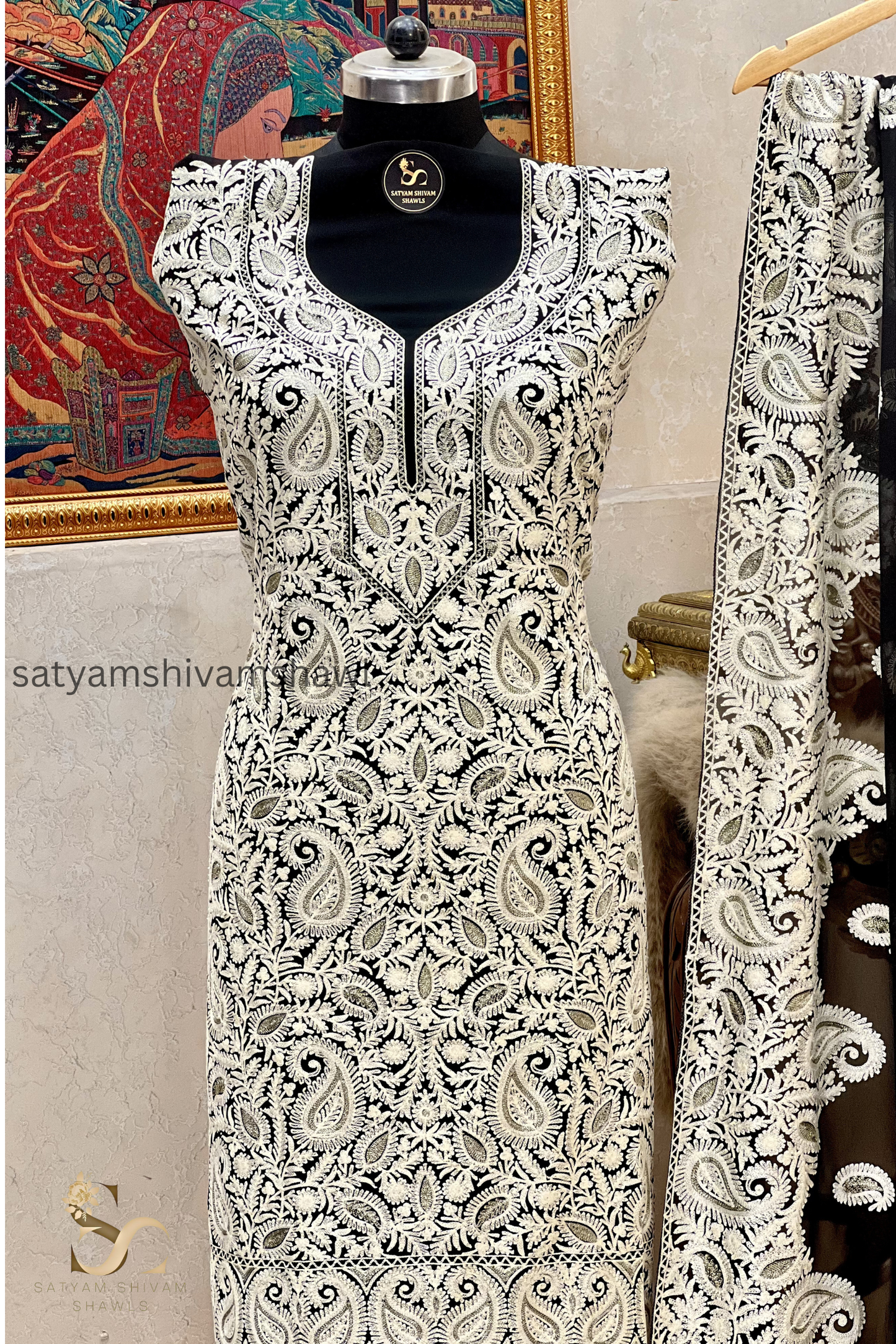 KASHMIRI NALKI TILLA EMROIDERY GEORGETTE SUIT BLACK  COLOUR