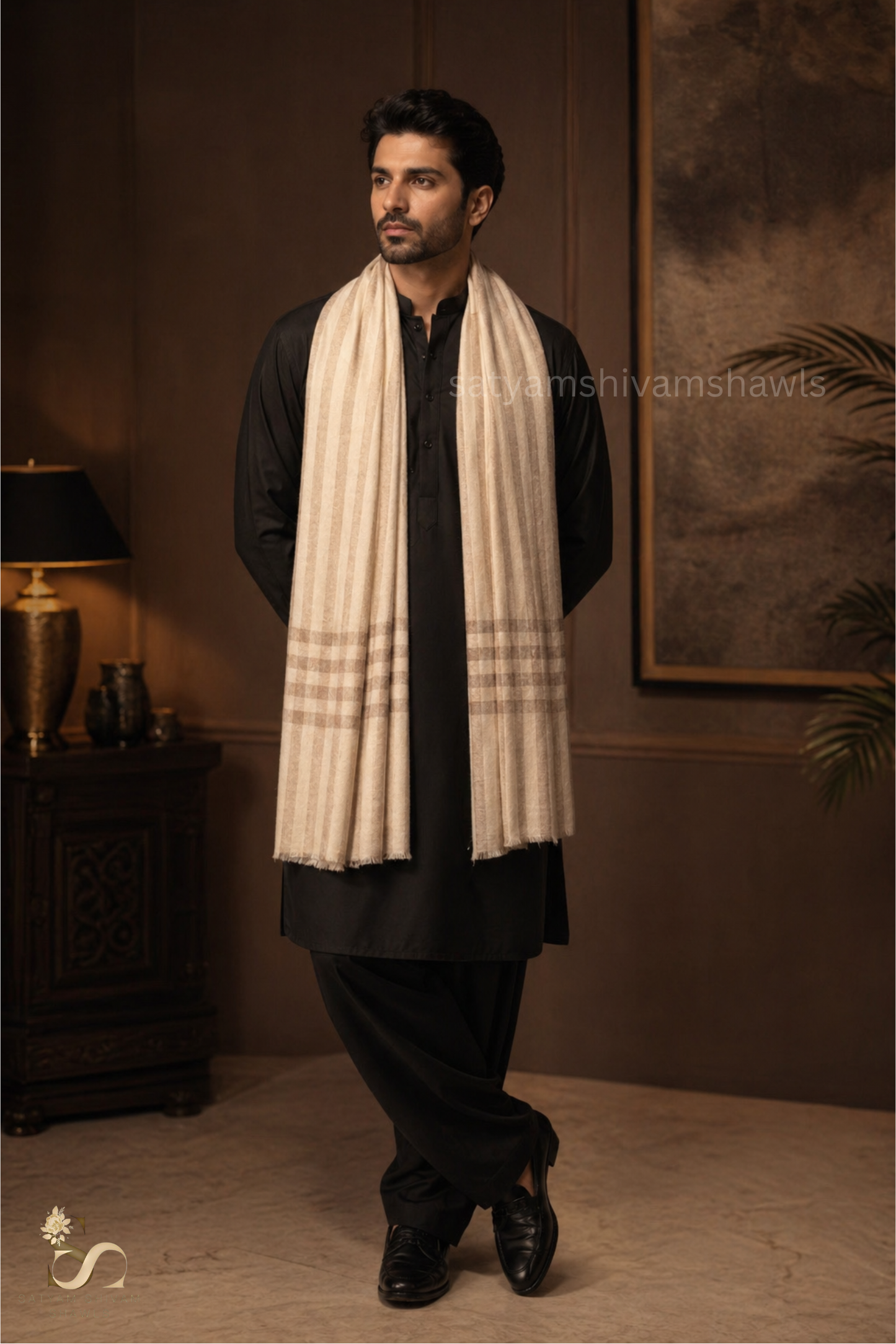 LUXURY PASHMINA SELF STRIPES WITH CHECK PALLA MENS STOLE, COLOR SKINISHCAMEL