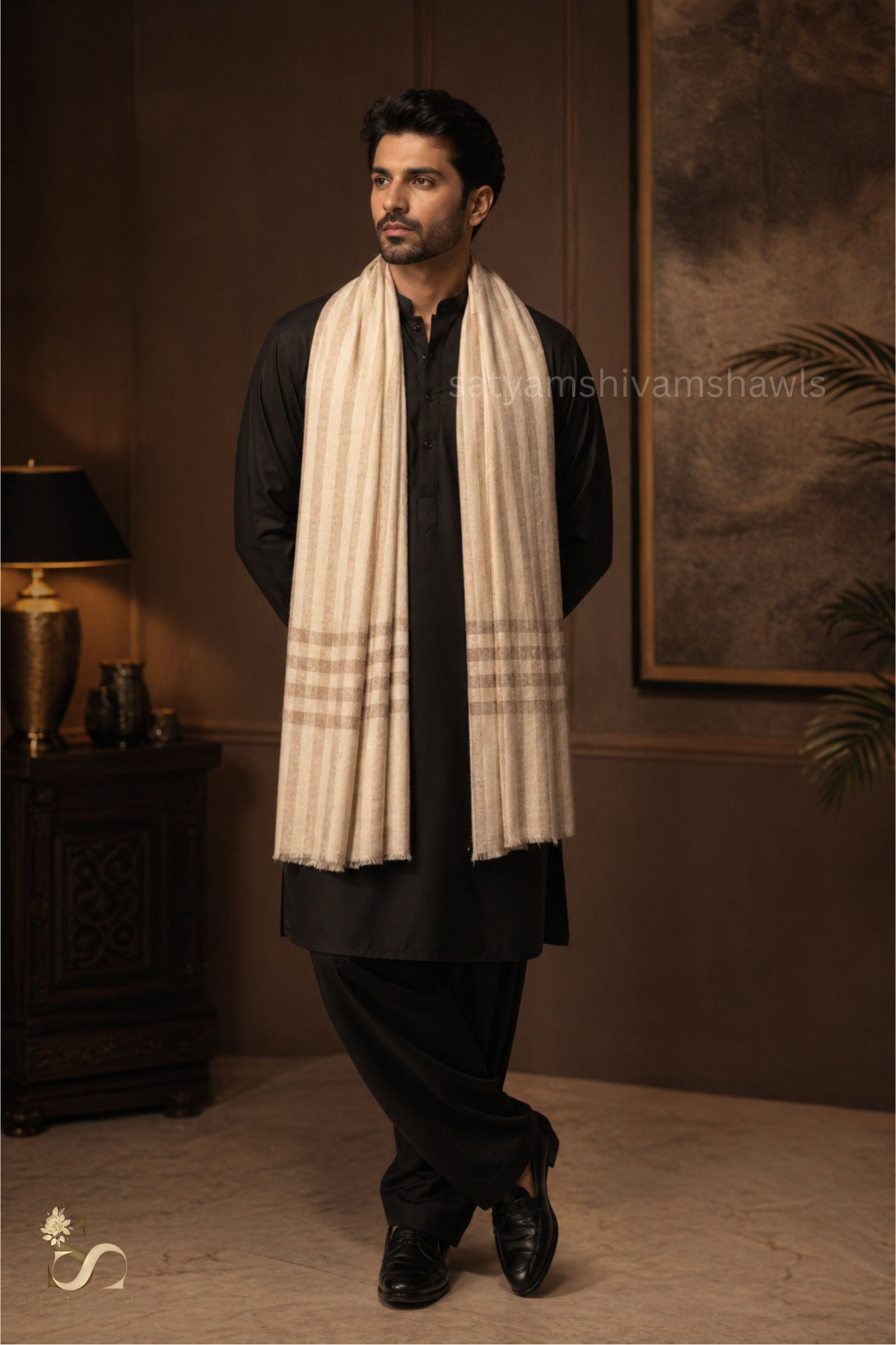 LUXURY PASHMINA SELF STRIPES WITH CHECK PALLA MENS STOLE, COLOR SKINISHCAMEL