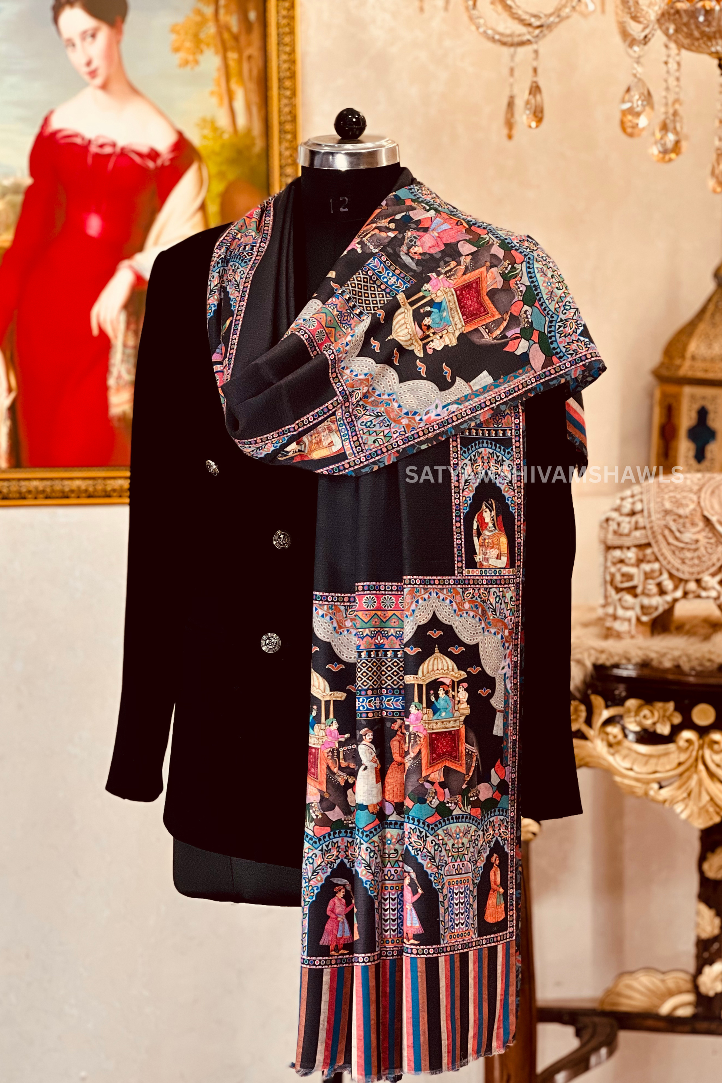 ISHQ-E-DHOLI PALLA REVERSIBLE  PURE WOOL KALAMKARI PRINT STOLE ,BLACK