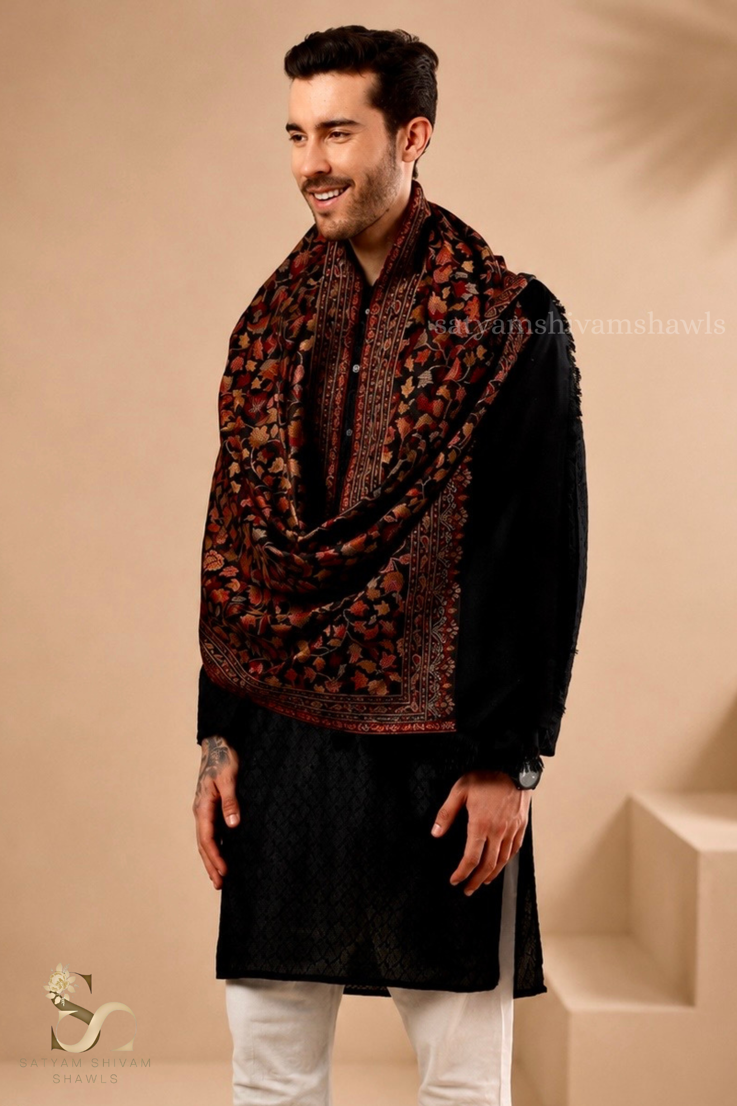 ROYAL VINTAGE KASHMIRI KANI DESIGN MENS ,STOLE,BLACK