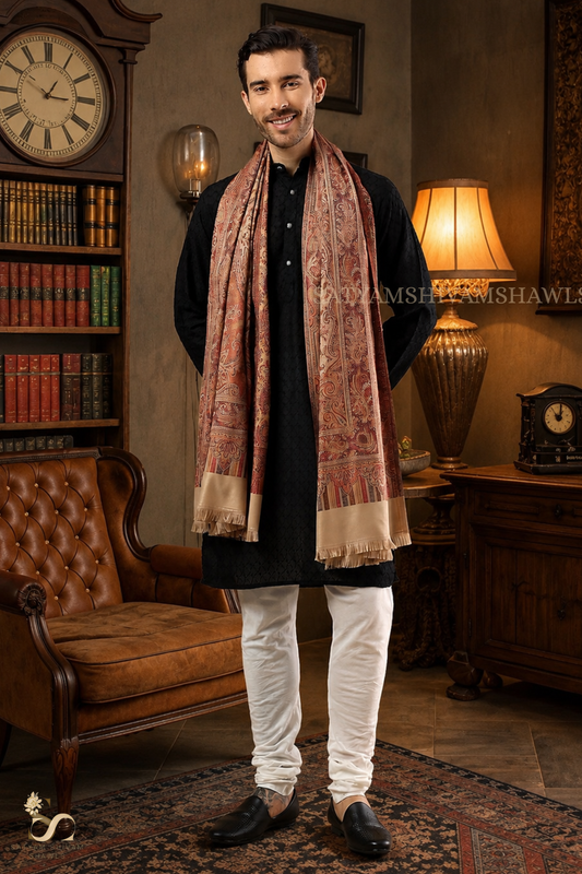 VINTAGE ROYAL JAMAWAR PAISLEY KANI DESIGN MENS SHAWL,BEIGE