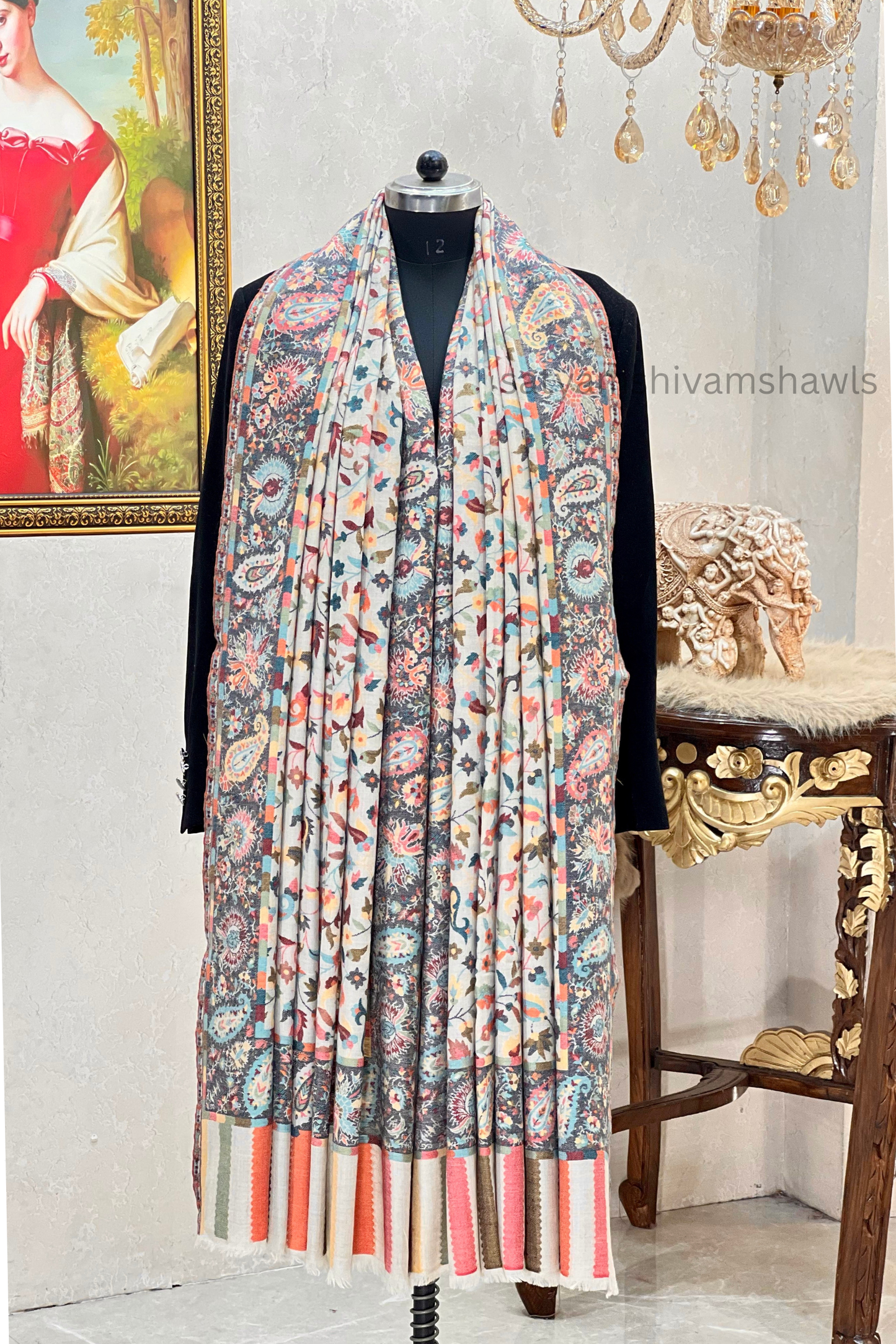 Fine wool pashmina 12 count autentic kani shikar desingn lohi ,big size