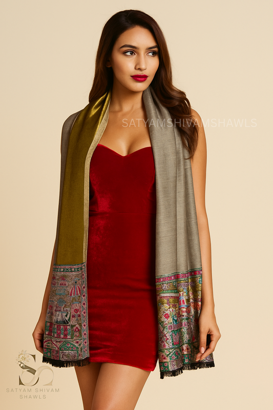Twilight moonlight reversible kani palla stole, soft & warm,grey