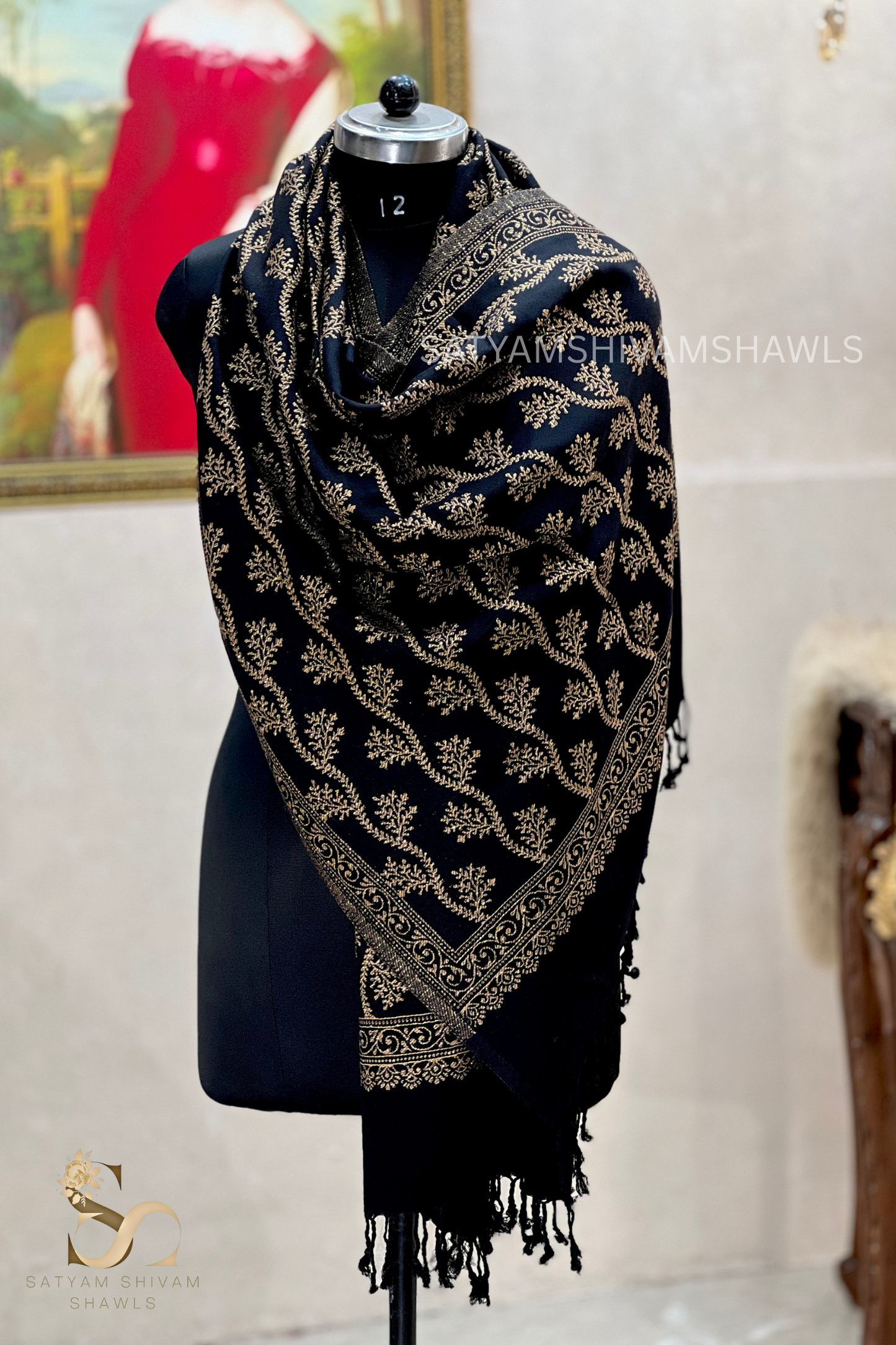 pure wool zari weaved stole,black