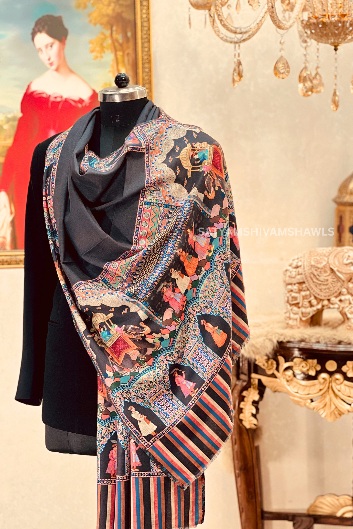 ISHQ-E-DHOLI PALLA REVERSIBLE  PURE WOOL KALAMKARI PRINT STOLE ,BLACK