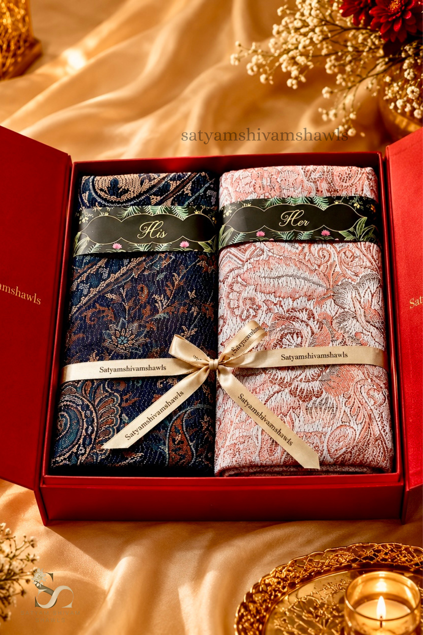 His and Her Gift Set of Jamawar and kaani Shawls With premium box packaging,navy blue & white
