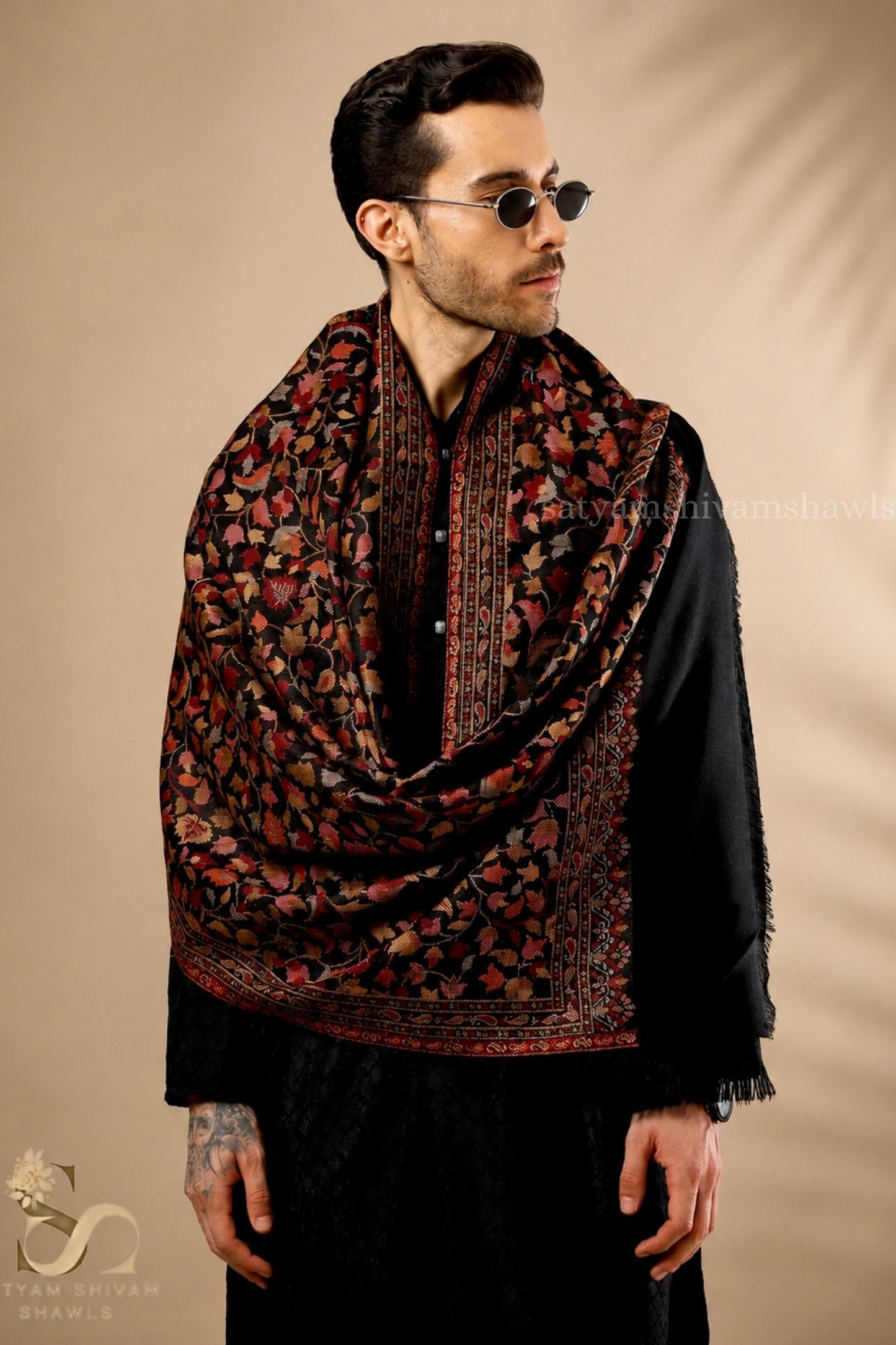 ROYAL VINTAGE KASHMIRI KANI DESIGN MENS ,STOLE,BLACK