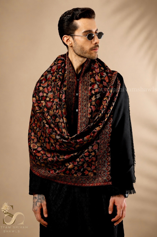 ROYAL VINTAGE KASHMIRI KANI DESIGN MENS ,STOLE,BLACK