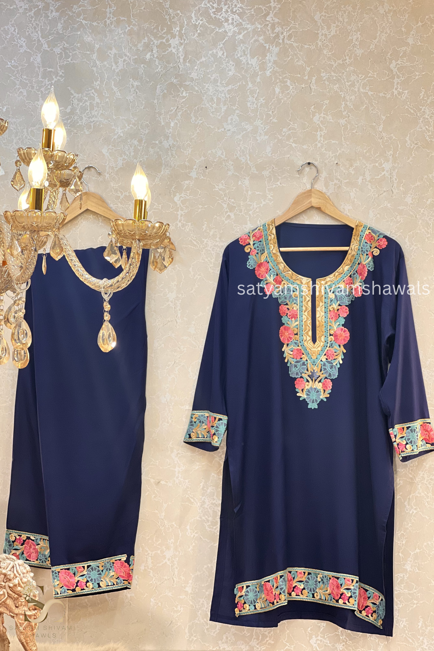 KASHMIRI NALKI  MULTI  EMROIDERY COAT SET NAVY BLUE  COLOUR