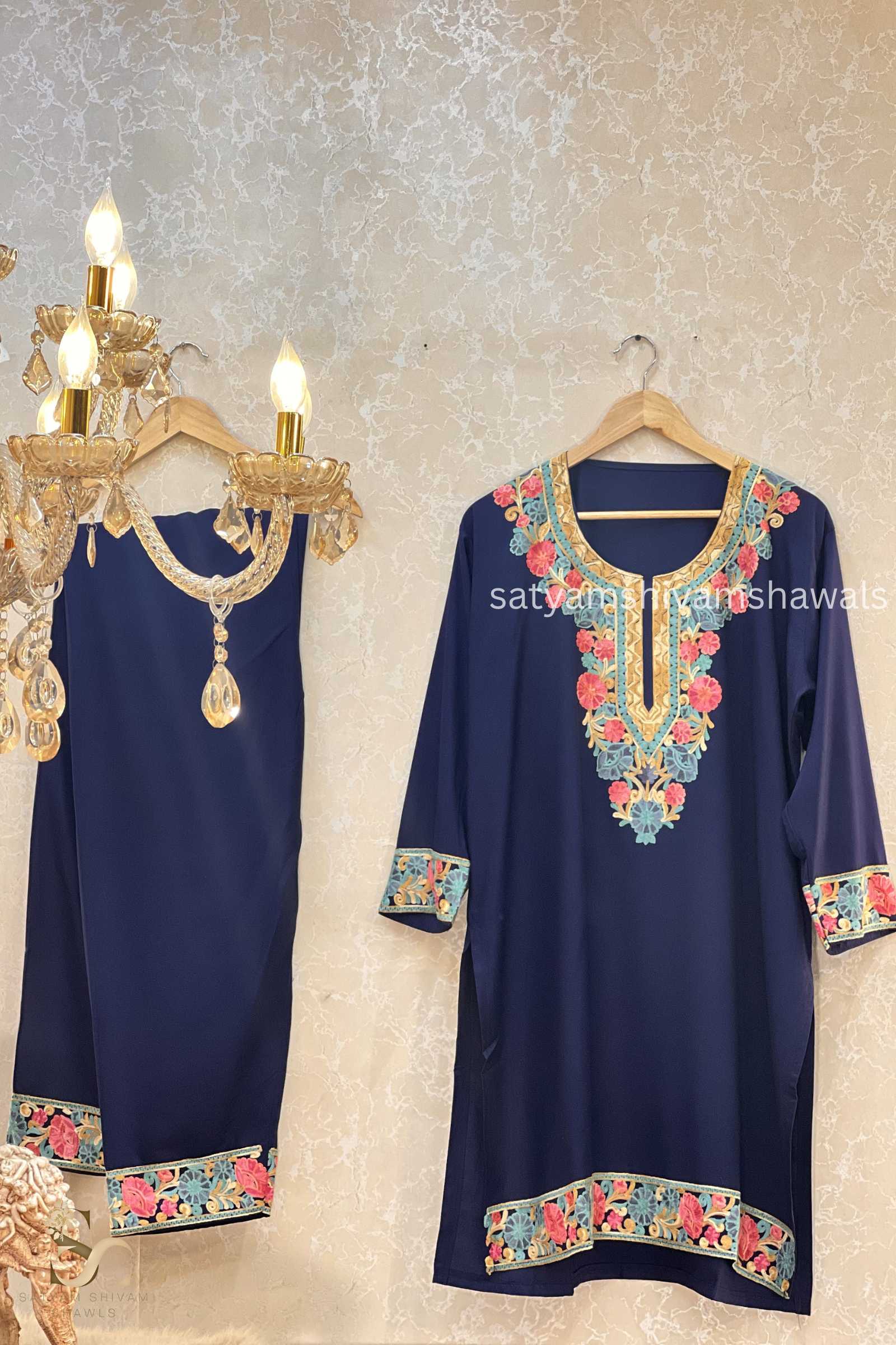 KASHMIRI NALKI  MULTI  EMROIDERY COAT SET NAVY BLUE  COLOUR