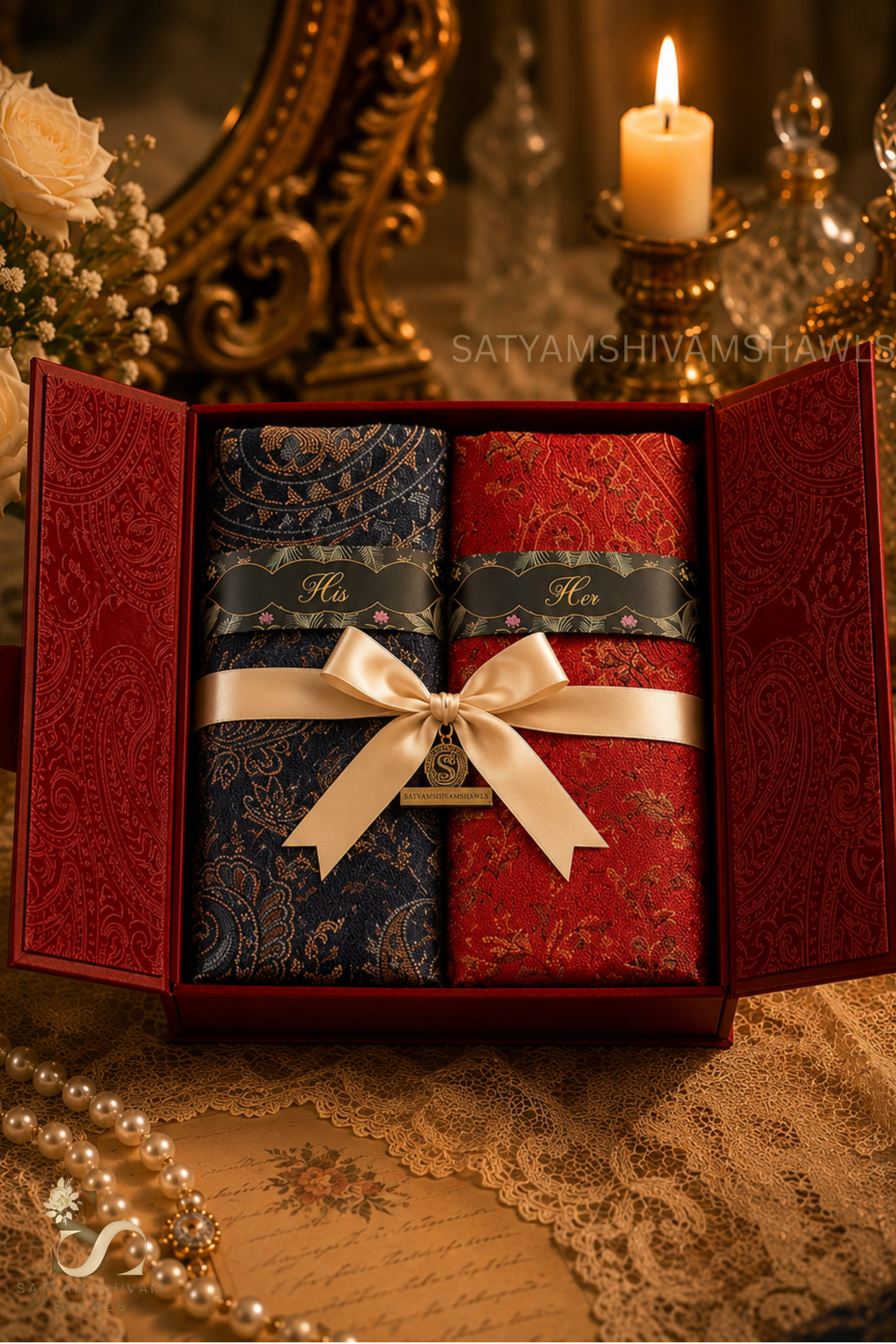 His and Her Gift Set of Jamawar and kaani Shawls With Wooden premium box packaging