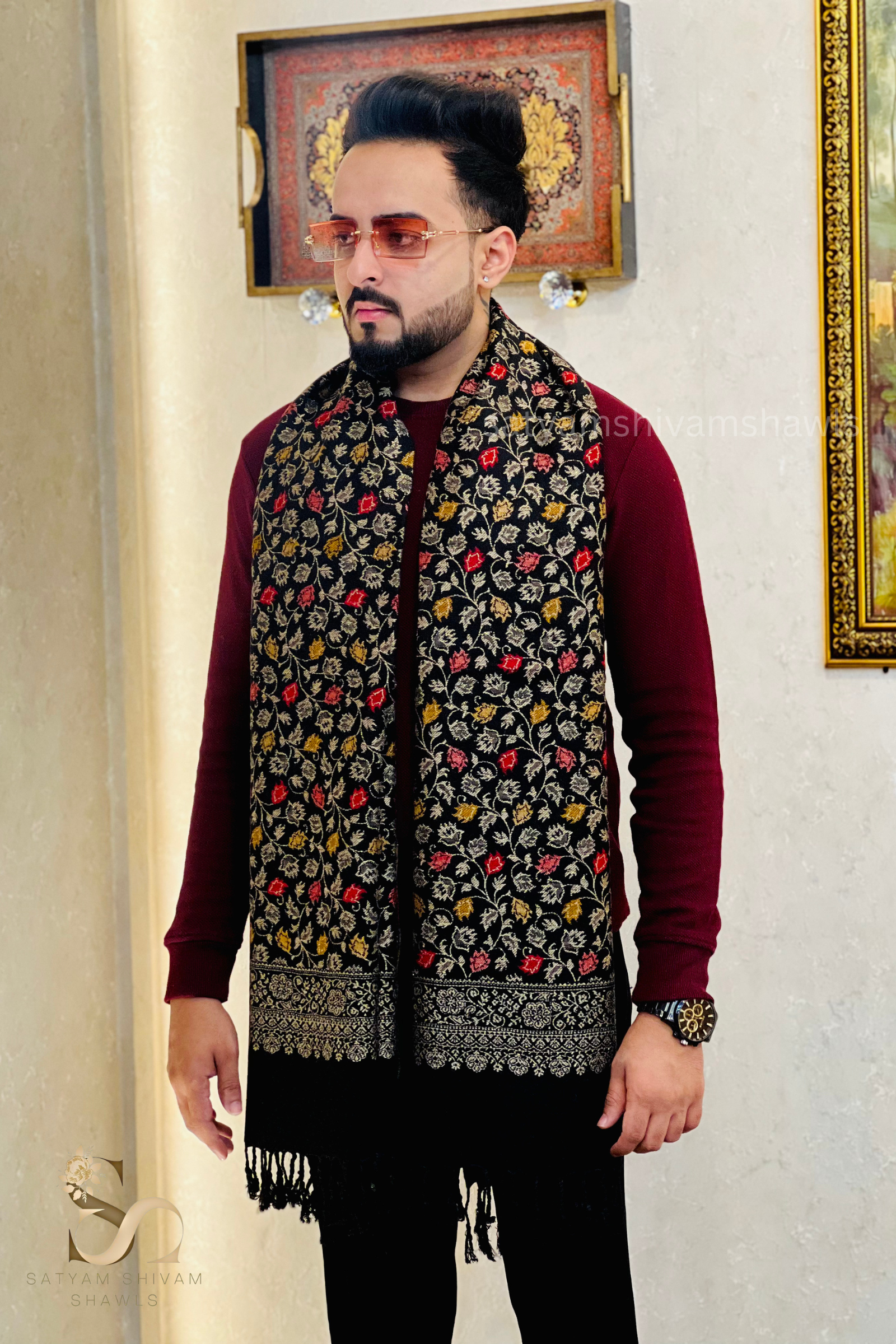 pure wool zari weaved stole,black